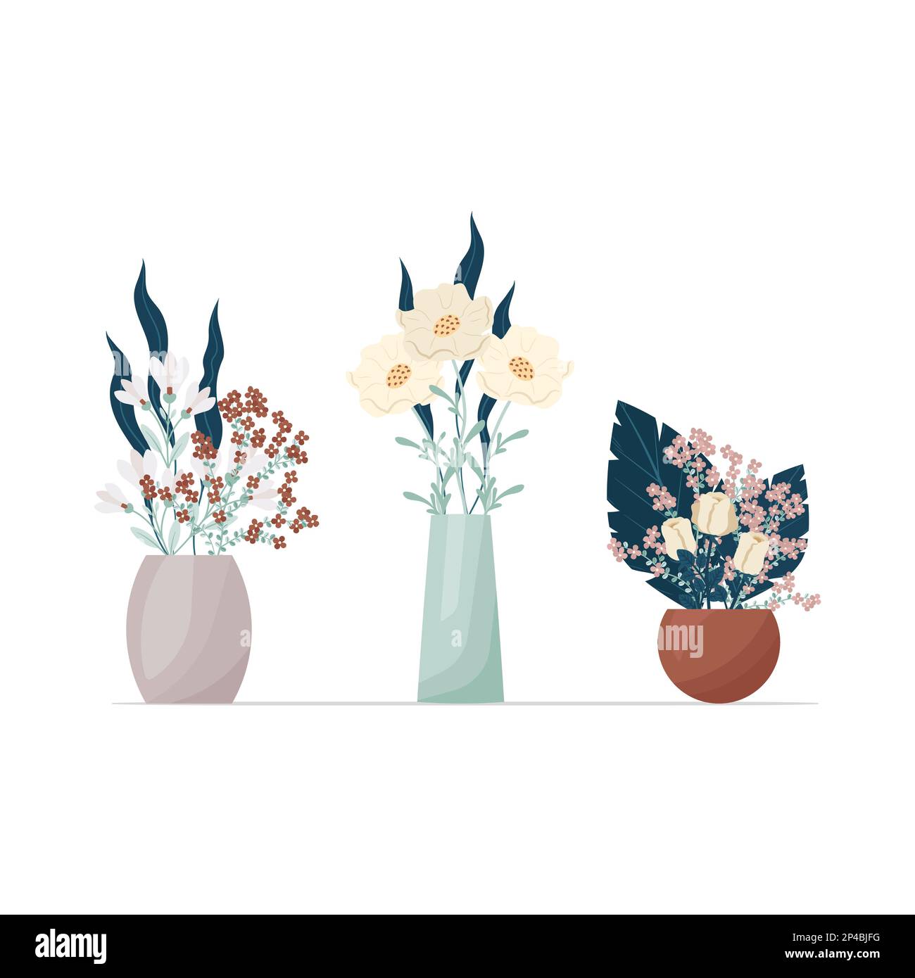Blumenset in Vasen im Boho-Stil. Zur Zusammensetzung der Blumenvektordarstellung. Sträuße aus Trikottchen, Baumwolle, verschiedene dekorative Blätter und Zweige Stock Vektor