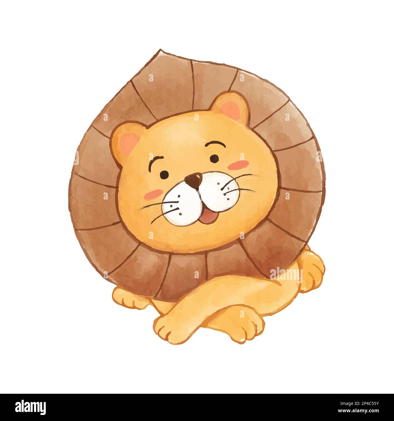 Löwe. Aquarelle Farbgestaltung. Niedlicher Tierkarikaturencharakter. Sitzposition . Vector . Stock Vektor