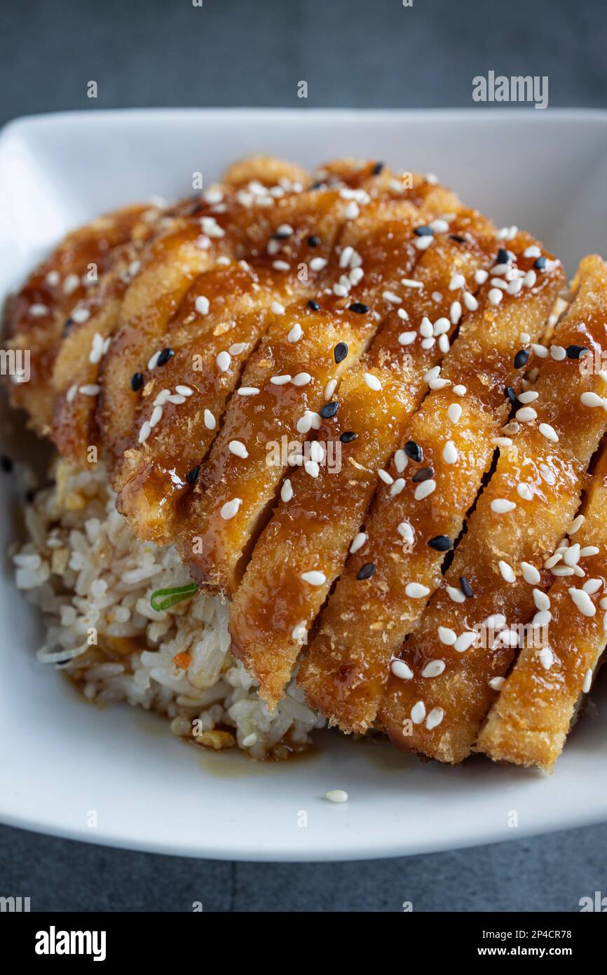 Verkostung eines Tellers gebratenen Reis mit Hühnchen. orientalische Küche Stockfoto