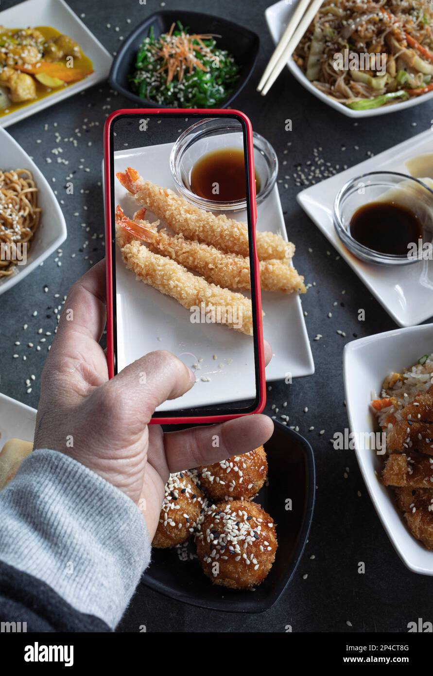 Der Mann macht ein Foto auf seinem Smartphone-Geschirr mit Reis, Nudeln, Gyozas, Hühnerwakame. Food-Blog. Vertikales Bild für Social Sharing Stockfoto