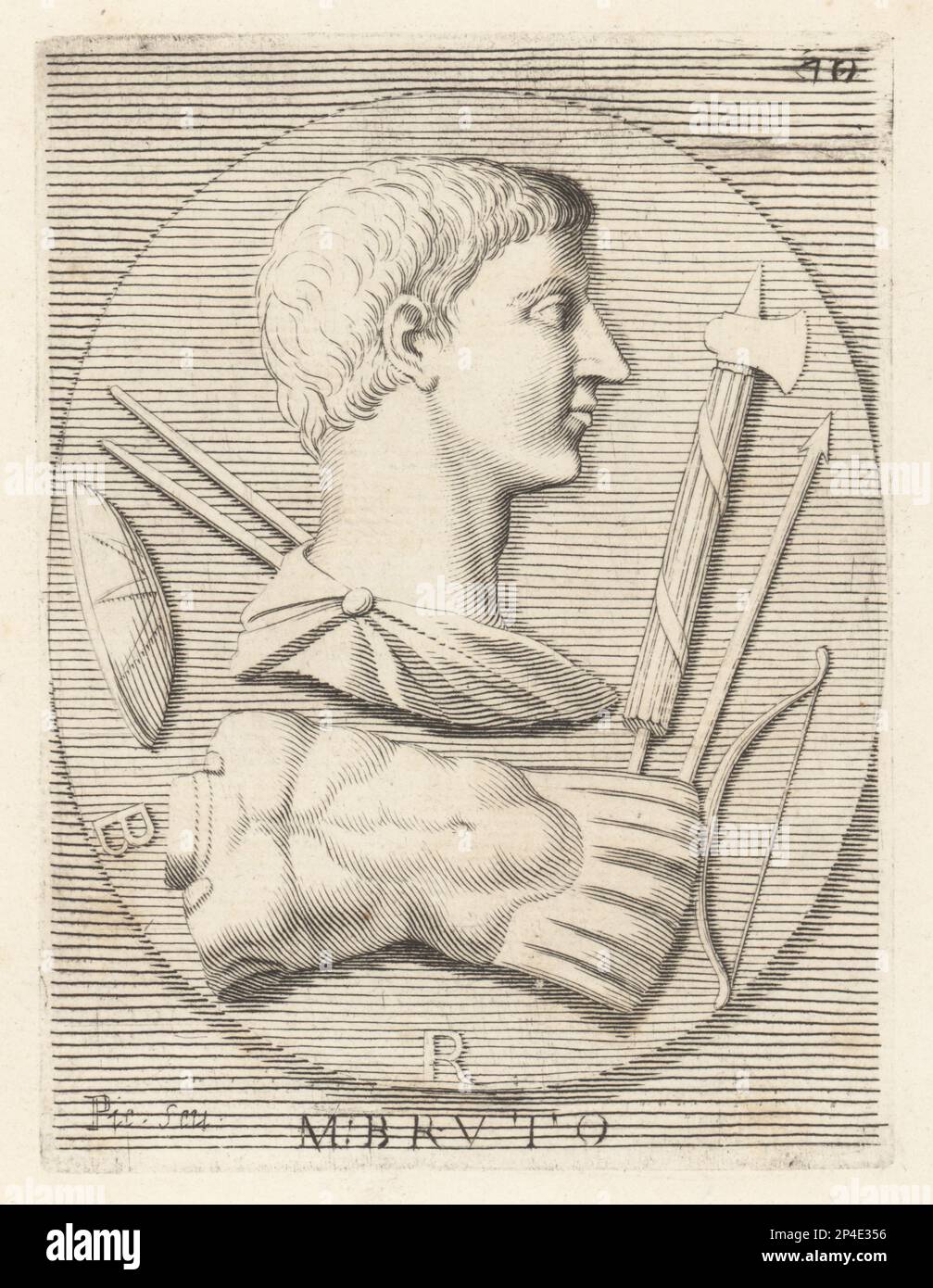 Marcus Junius Brutus, römischer Politiker, Redner, und der berühmteste der Attentäter von Julius Cäsar, c. 85 - 42 v. Chr. Ein Juwel, das ihn als Verteidiger der Freiheit der Römischen Republik mit Haga (Speer), Skutum (Schild), Arcus (Bogen), Lorica musculata (Brustplatte) und Faszen darstellt. Marco Giunio Bruto. Copperplate-Gravur von Etienne Picart nach Giovanni Angelo Canini aus Iconografia, cioe disegni d'imagini de Famosissimi monarchi, ¥, filososi, poeti ed oratori dell' Antichita, Zeichnungen von berühmten Monarchen, Königen, Philosophen, Dichtern und Oratoren der Antike, Lazo de Latiquity Stockfoto