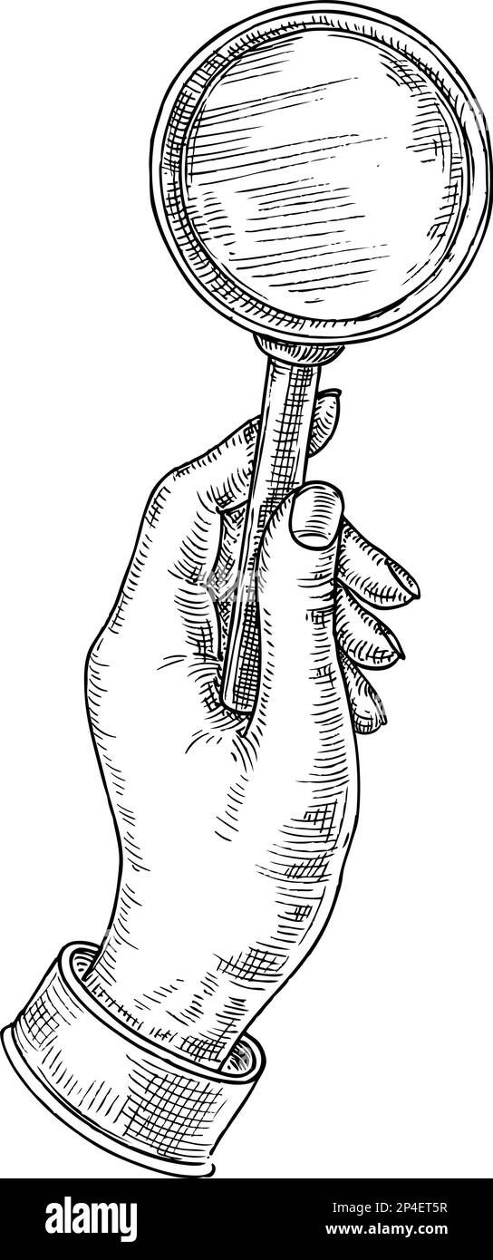 Zeichnen Sie eine Hand, die Lupe hält. Ausrüstung für Ermittlungen, Detektivuntersuchungen oder Inspektionen Stock Vektor