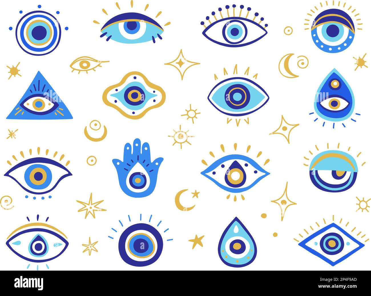 Böse Augensymbole. Mystische griechische und türkische Augen mit bösartiger Blendung, spiritueller hamsa-Hand und magischem Amulett-Vektorset Stock Vektor