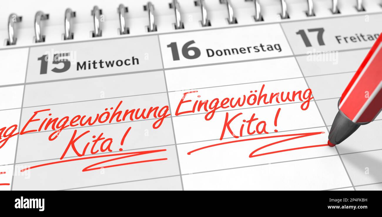 Geben Sie die Termine für die Einweisung in die Tagesstätte in das Tagebuch ein. Termine für den Einstieg in die Kindertagesstätte. In Deutscher Sprache: Eingewoehnung Kita Stockfoto