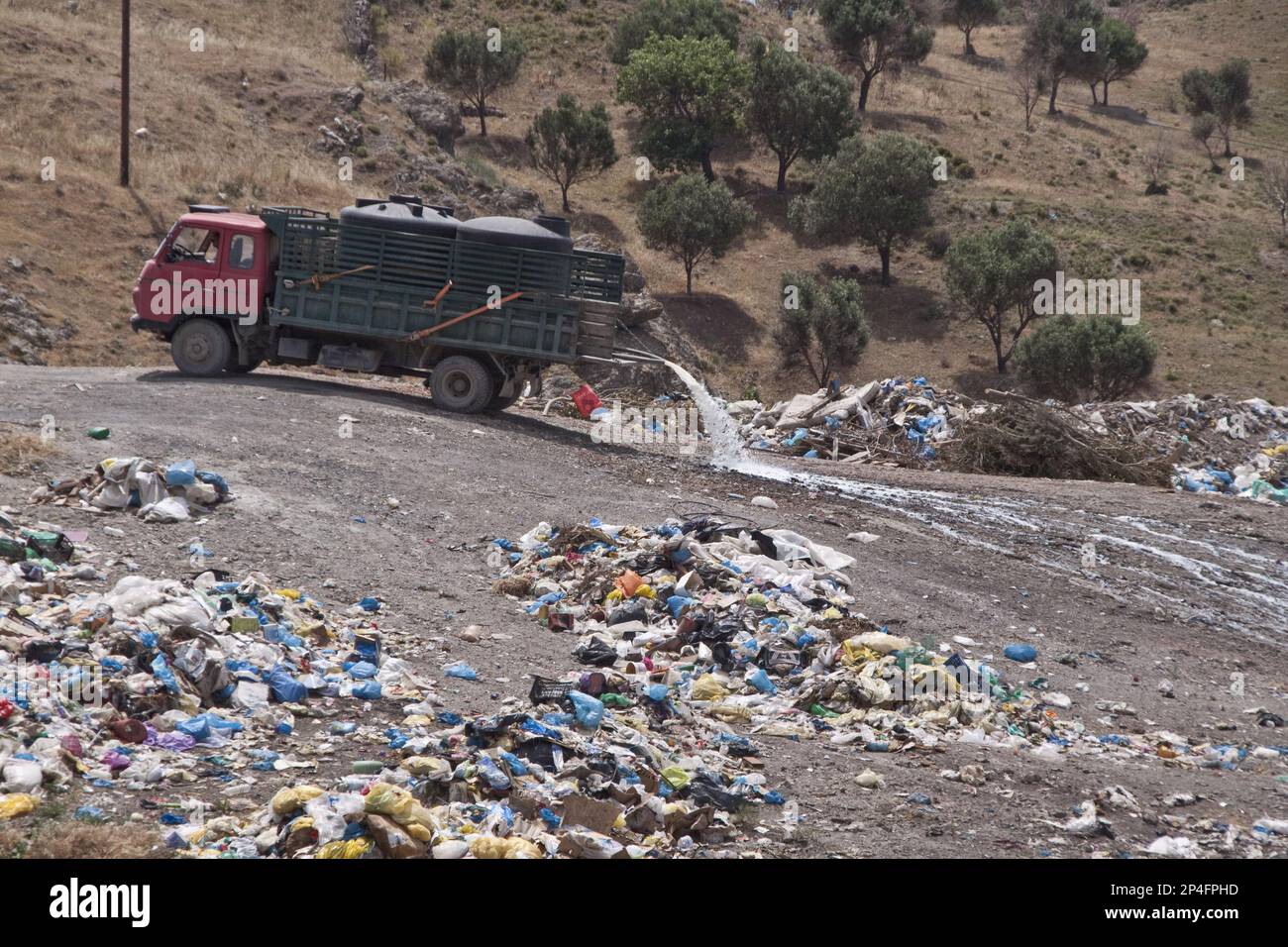 Müllhalde, Müllhalde, Müllhalde auf Lesvos Griechenland Stockfoto