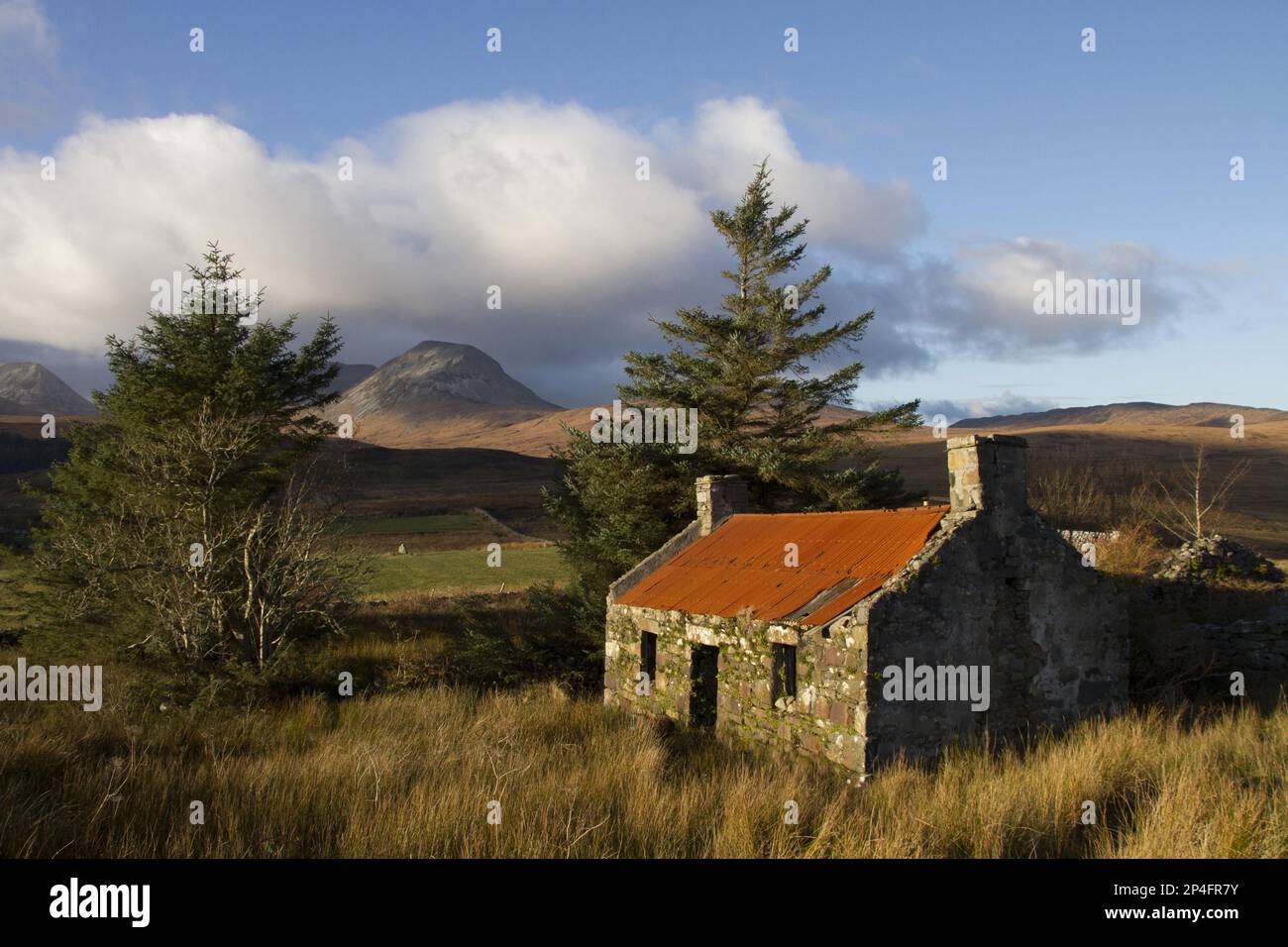 Verlassener schottischer Bothy in Knockrome auf der Insel Jura mit Blick auf den Papst Stockfoto