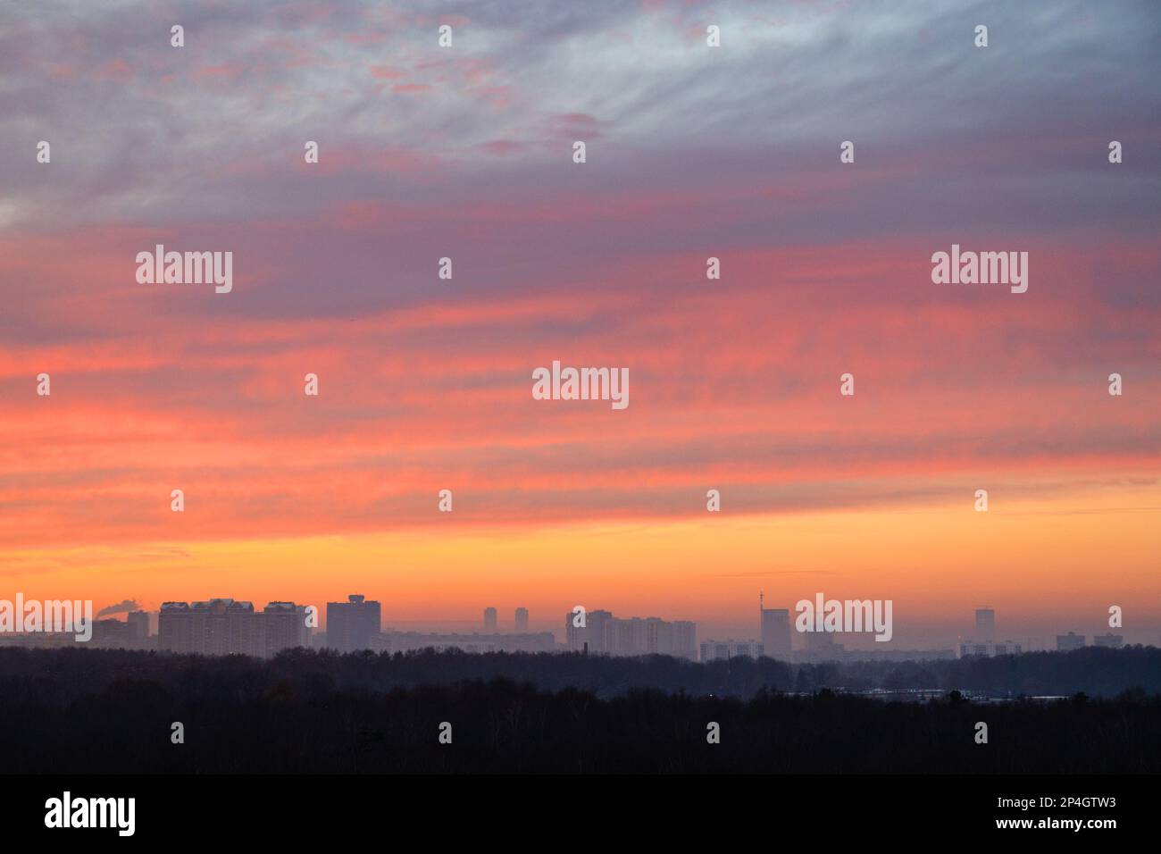 Mehrschichtiger farbenfroher Himmel über dem Stadtpark bei kaltem Morgengrauen im Winter Stockfoto