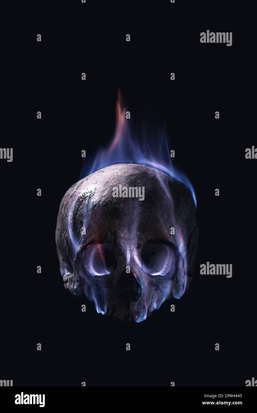 Menschlicher Schädel in Flammen auf schwarzem Hintergrund Stockfoto