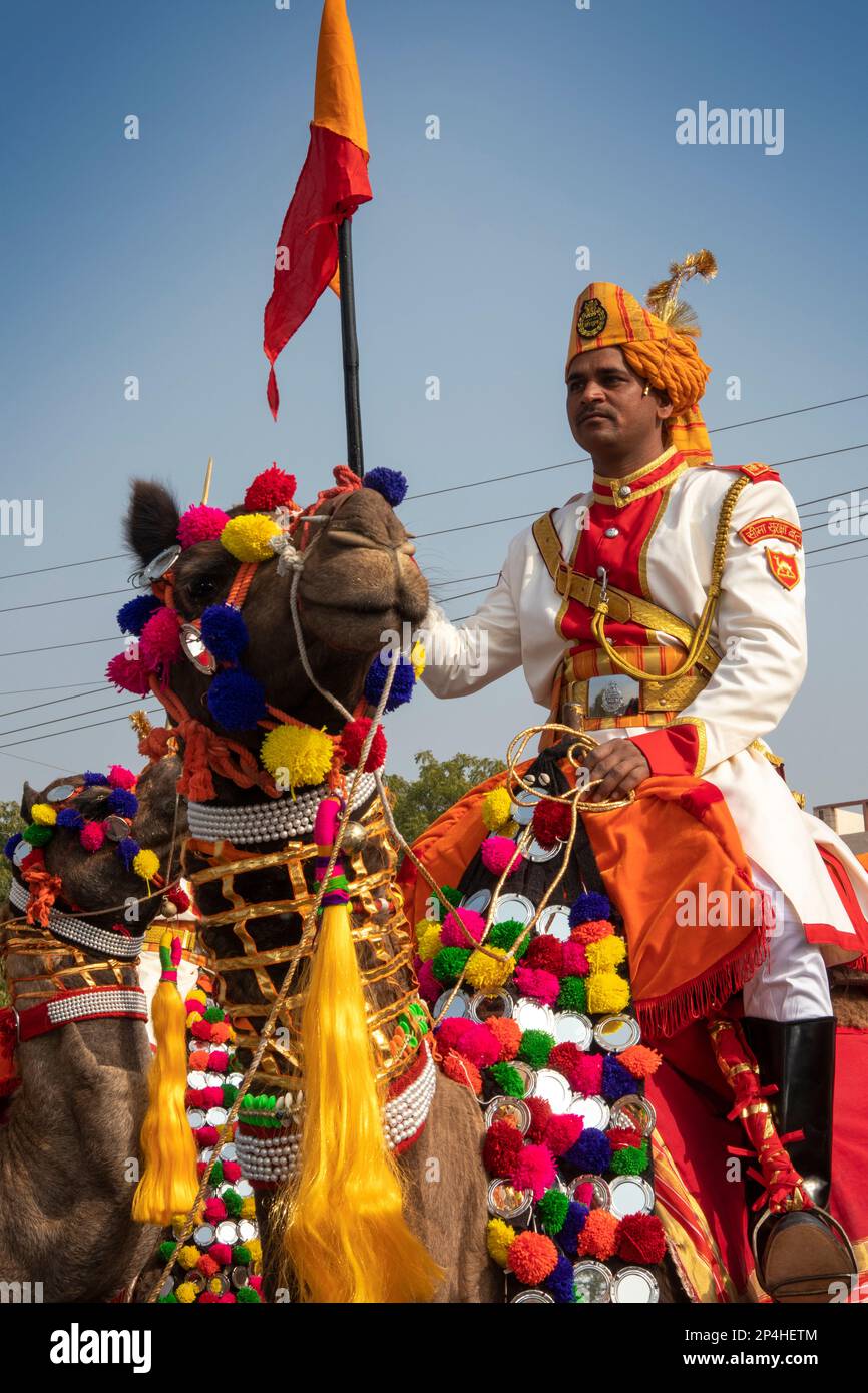 Indien, Rajasthan, Bikaner, Kamelfestivalparade, Kamelmontierter Grenzsicherheitssoldat in Kleideruniform Stockfoto