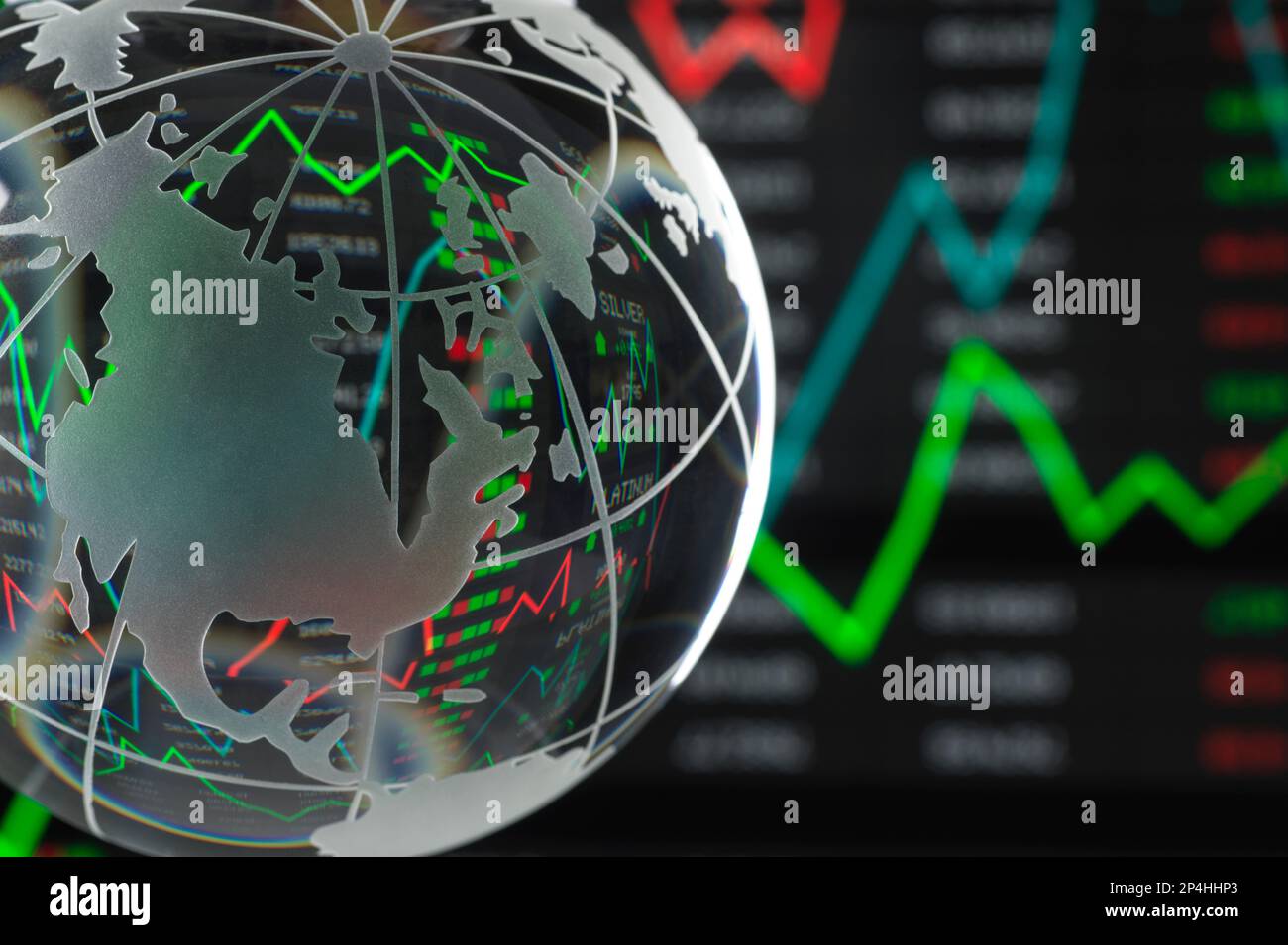 Financial Markets, Global of US mit Daten und Diagrammen, die reflektieren. Stockfoto