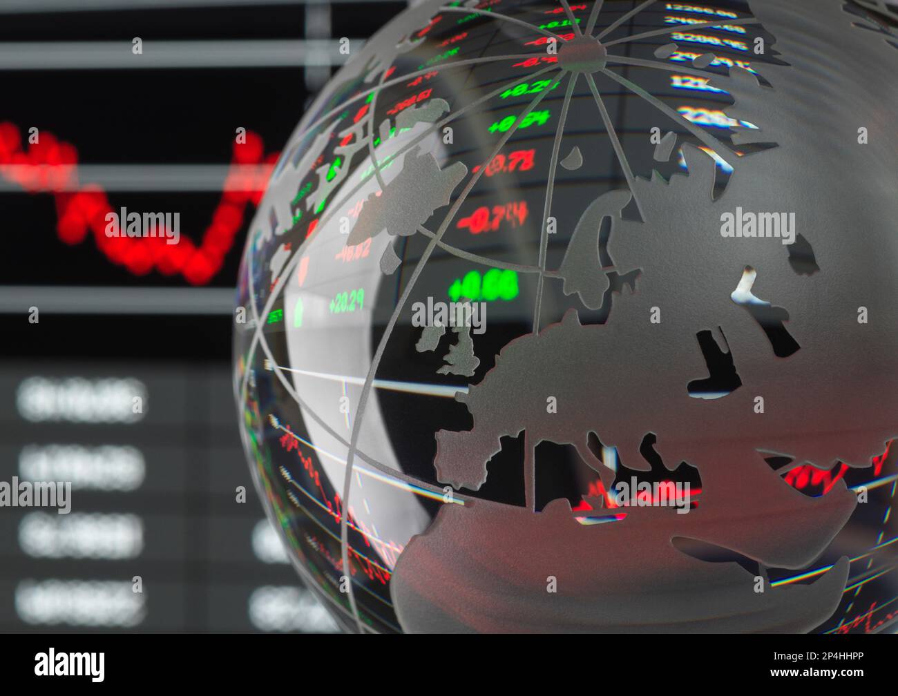 Financial Markets, Globus der Welt mit Daten und Diagrammen, die reflektieren. Stockfoto