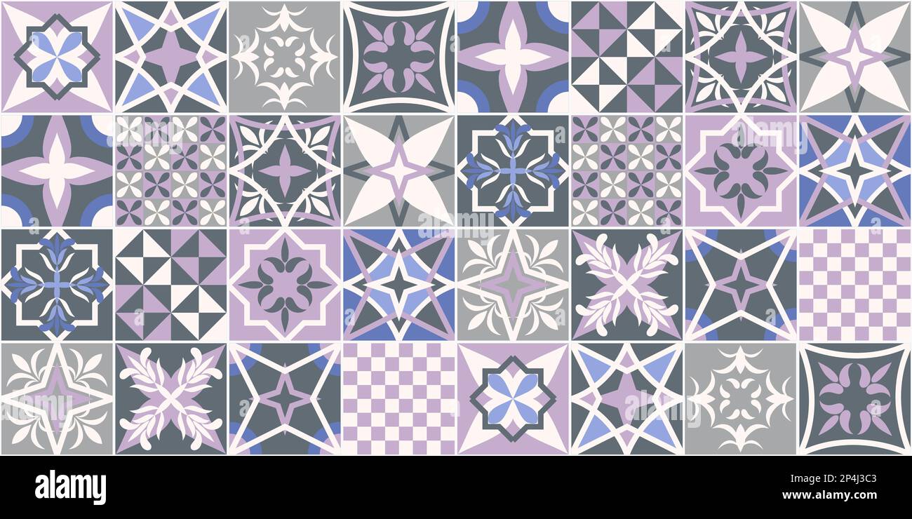 Französisches Fliesendesign im Provence-Stil. Mediterrane Keramikfliesen mit verschiedenen Ornamenten. Nahtloses Muster. Stock Vektor