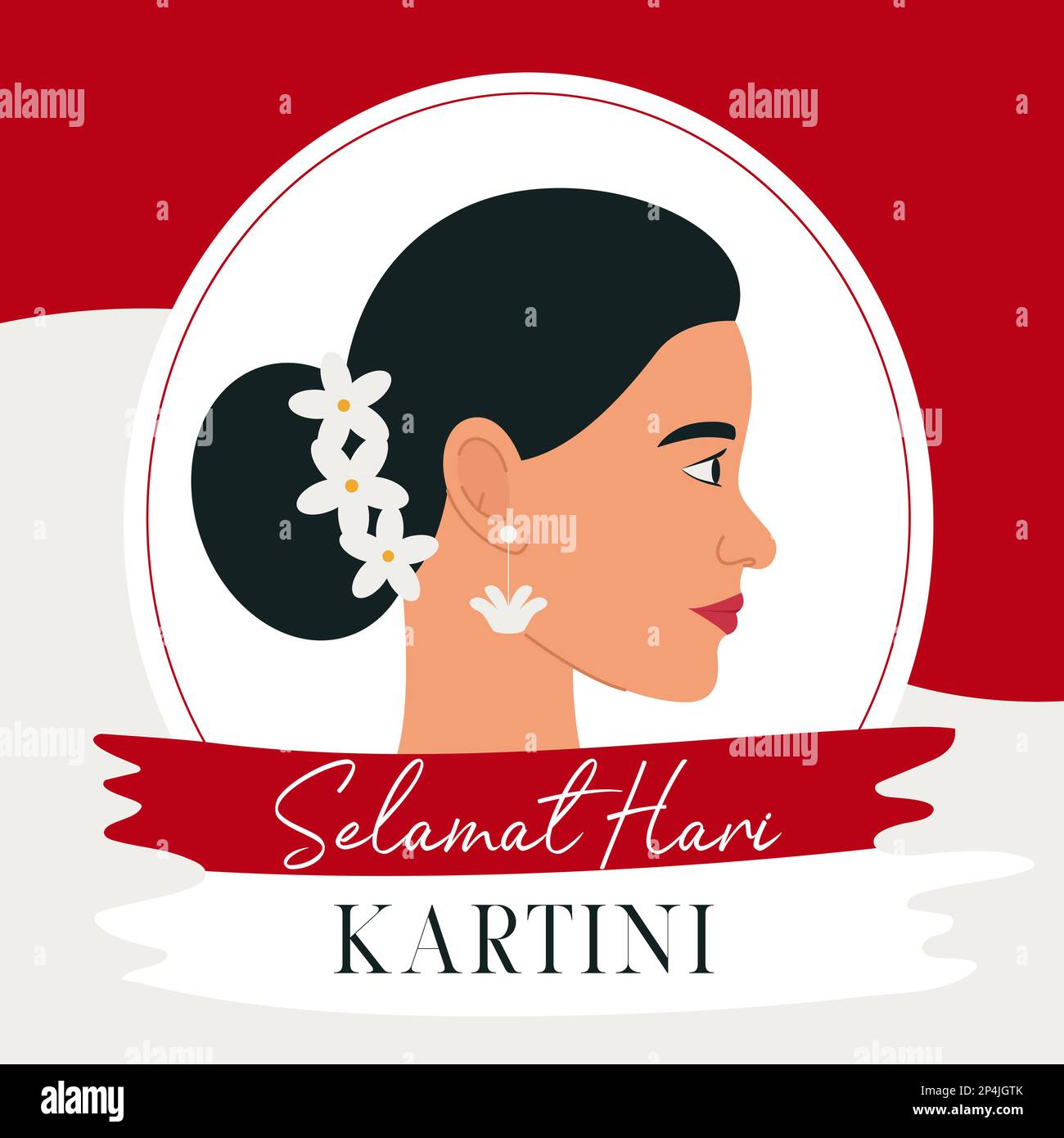 Selamat Hari Kartini Bedeutet Happy Kartini Day. Kartini ist eine indonesische Heldin. Profil einer Asiatin mit dunklem Haar auf rotem und w-Hintergrund Stock Vektor