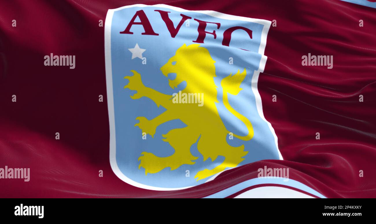 Birmingham, Großbritannien, Februar 2023: Aston Villa Football Club Flag Waving. Aston Villa ist ein englischer Profifußballclub. Geriffelter Stoff. Illustrierende edi Stockfoto