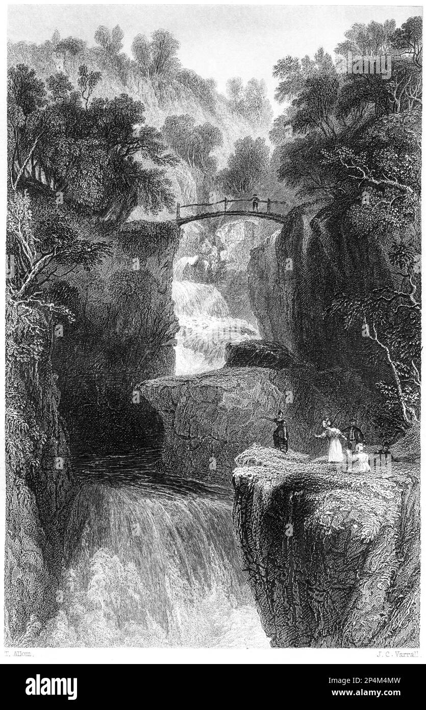 Eine Gravur der Bracklin (Bracklinn) Bridge (in der Nähe von Callendar, Perthshire) Schottland UK gescannt mit hoher Auflösung von einem 1840 gedruckten Buch. Stockfoto