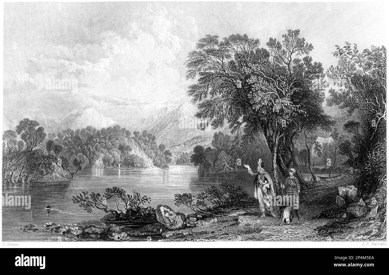 Eine Gravur von Loch Katrine in Richtung Ellen's Isle, Perthshire, Schottland, Großbritannien, gescannt mit hoher Auflösung aus einem 1840 gedruckten Buch. Stockfoto