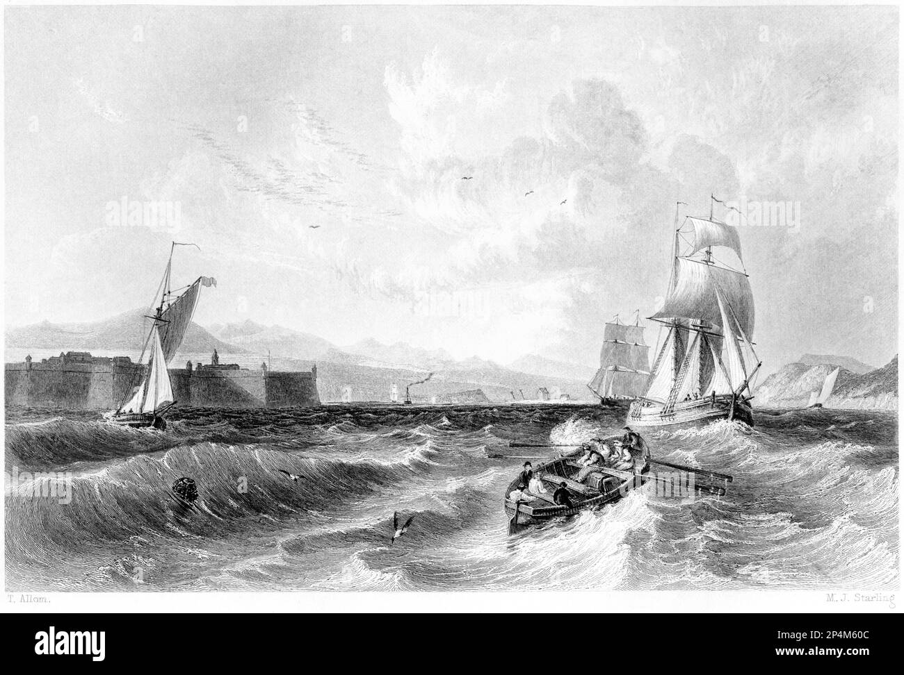 Eine Gravur des Moray Firth mit Fort George & Fort Rose, Schottland, Großbritannien, gescannt mit hoher Auflösung aus einem 1840 gedruckten Buch. Stockfoto