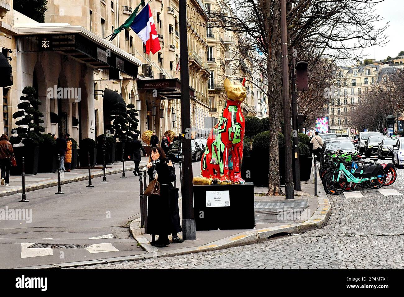 Paris, Frankreich. 06. März 2023. Eine kostenlose Freiluftausstellung von Maler, Bildhauer, Gravierer, Designer, Julien Marinetti auf der Avenue George V wird voraussichtlich bis 16. März 2023 stattfinden. Der Künstler Julien Marinetti zeigt seine gigantischen Tierskulpturen mit Gemälden, die er „Synkretismus der Kunst“ nennt. Seine Terrakotta-Skulpturen wie Bulldoggen, Pandas, Pinguine und Schädel werden dann in Bronze verwandelt. Seit 15 Jahren ist sein Hauptwerk, Doggy John, zu einer Ikone geworden und wird in renommierten Städten auf der ganzen Welt wie Paris, New York, London und Singapur für die größte Freude der Zuschauer gezeigt. Kredit: Abaca Press/Ala Stockfoto