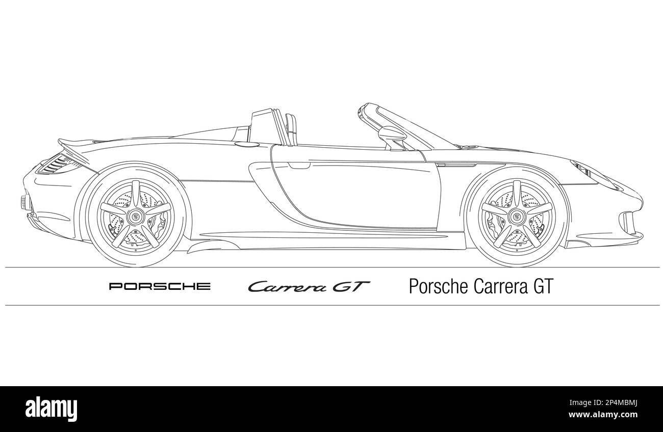 Deutschland, Jahr 2003, Porsche Carrera GT Roadster Oldtimer-Silhouette, Illustration auf weißem Hintergrund Stockfoto