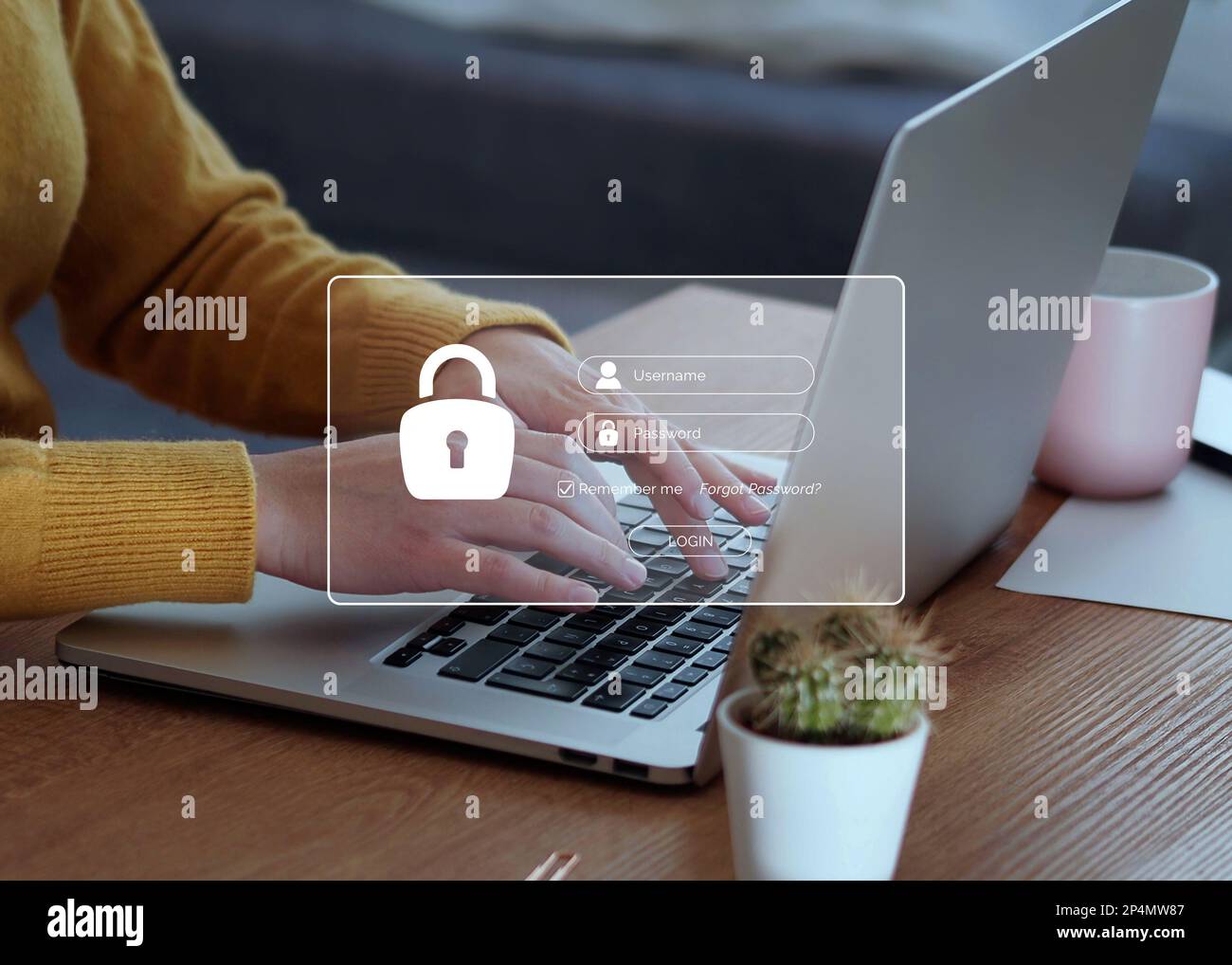 Cyber-Sicherheitskonzept, weibliche Hand tippt auf der Tastatur mit Login und Passwort auf dem Bildschirm. Datenschutz und gesicherter Internetzugang. Stockfoto