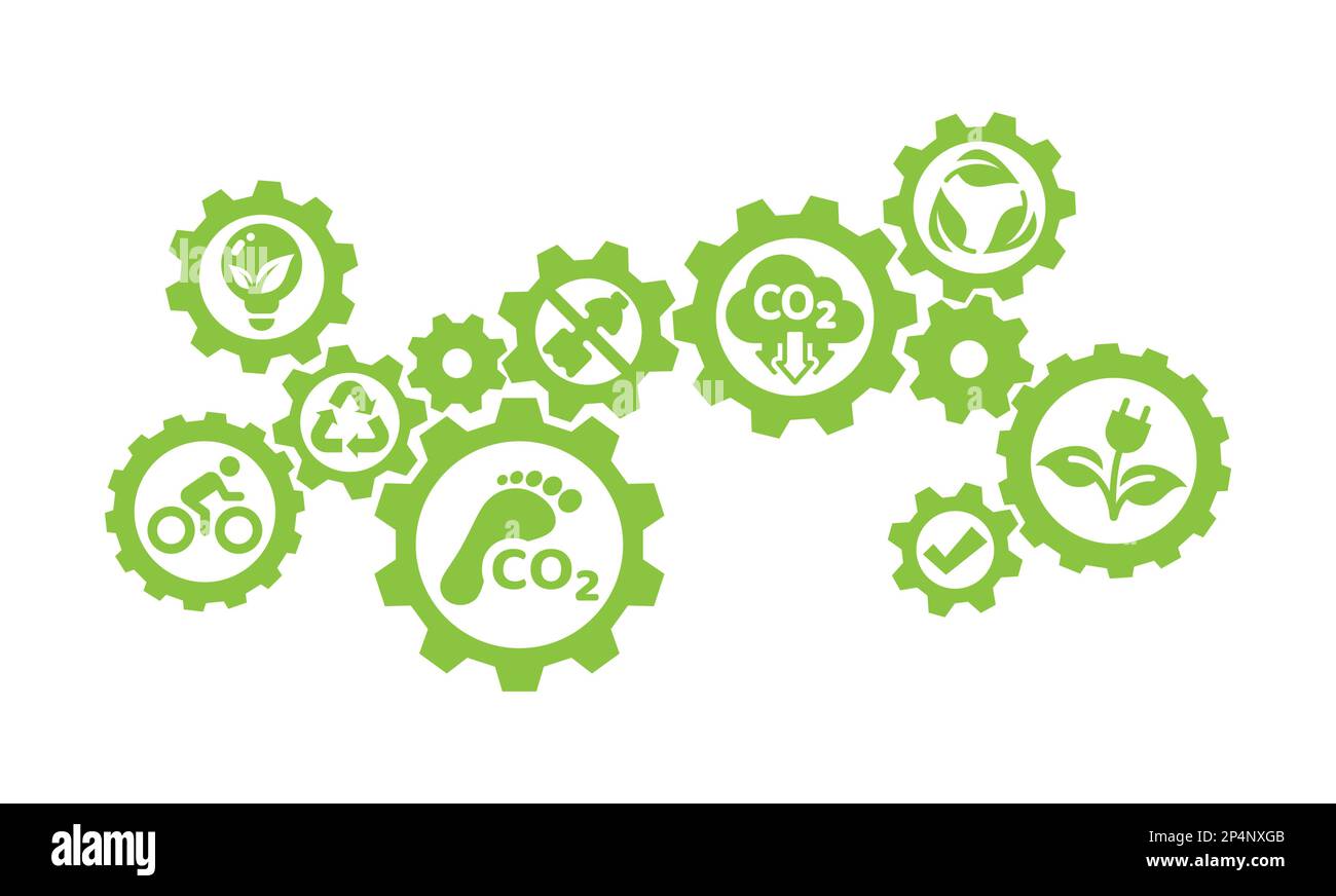 Nachhaltige, erneuerbare Ressourcen, CO2-Fußabdruck in Getriebevektorvorlage. Ökologie, globale Erwärmung, Umweltsymbole und Symbole im Zahnradmechanismus Stock Vektor