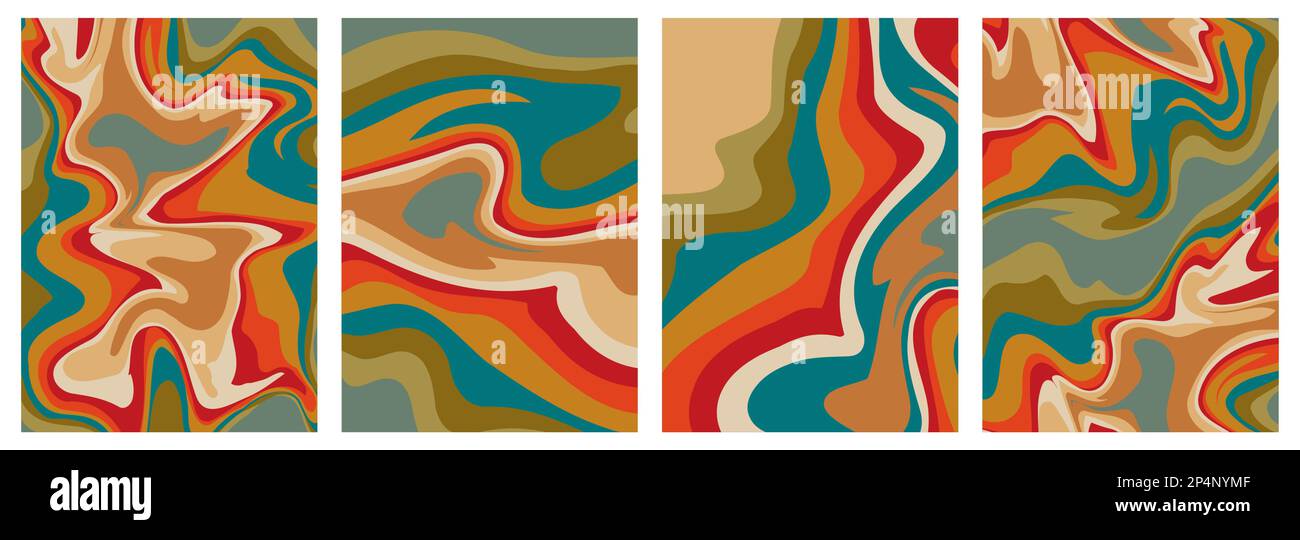 Retro-70s-Hintergründe gesetzt. Groovy Abstract 1970er-Kunstvorlagen-Sammlung. Poster mit minimalistischem Vintage-Streifendesign. Altmodische Kunstwerke in Regenbogenfarben Stock Vektor