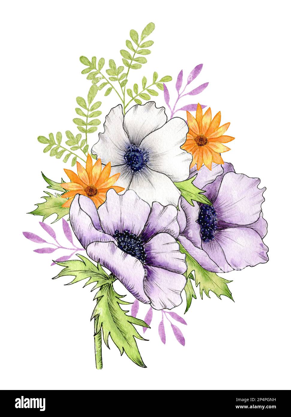 Aquarell Bouquet mit Anemonblüten, gelben Wildblumen und Zweigen mit Blättern. Violette sanfte Anemonen. Anordnung der Blumen. Design für Postkarten Stockfoto