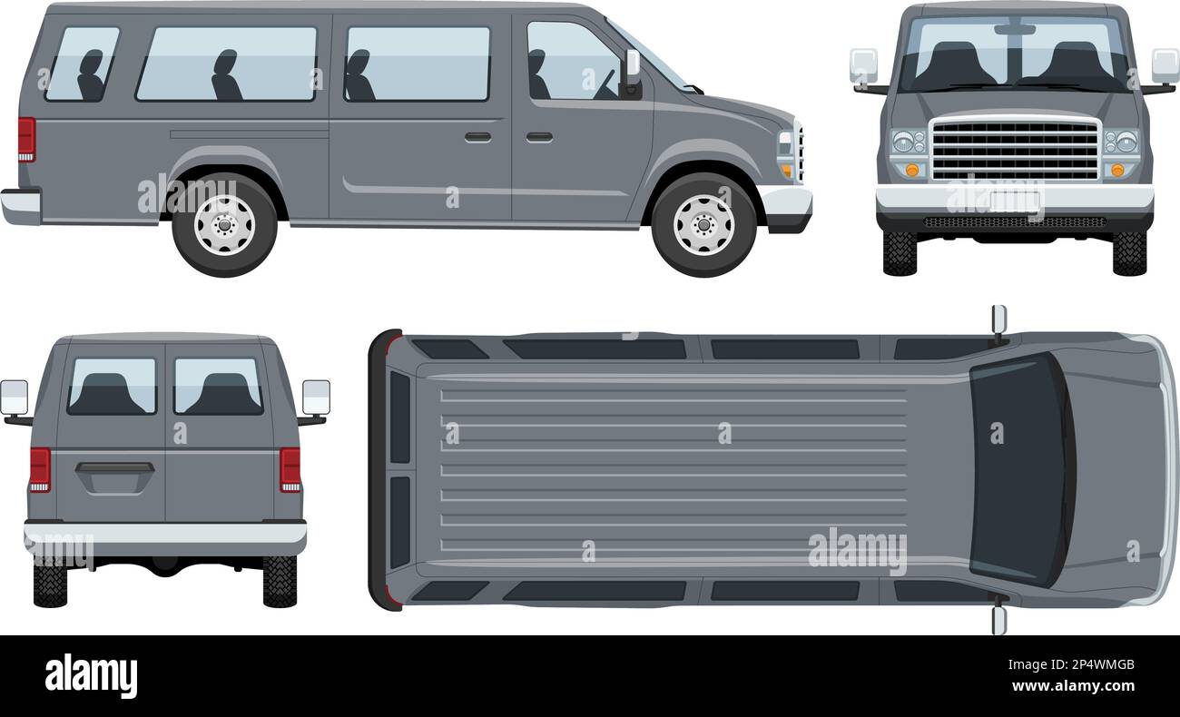 Graue Vektorvorlage für Kleinbusse mit einfachen Farben ohne Verläufe und Effekte. Ansicht von der Seite, von der Vorderseite, von der Rückseite und von oben Stock Vektor
