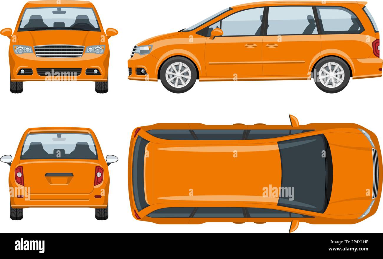 Orangefarbene Minivan-Vektorvorlage mit einfachen Farben ohne Verläufe und Effekte. Ansicht von der Seite, von der Vorderseite, von der Rückseite und von oben Stock Vektor