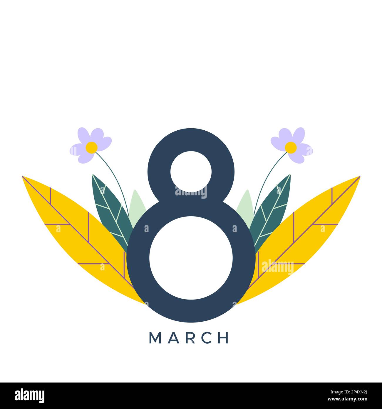 Internationaler Frauentag. März 8. Große Nummer acht mit Wildblumen und Blättern. Vektordarstellung, flaches Design, Internationaler Frauentag. März 8. Stock Vektor