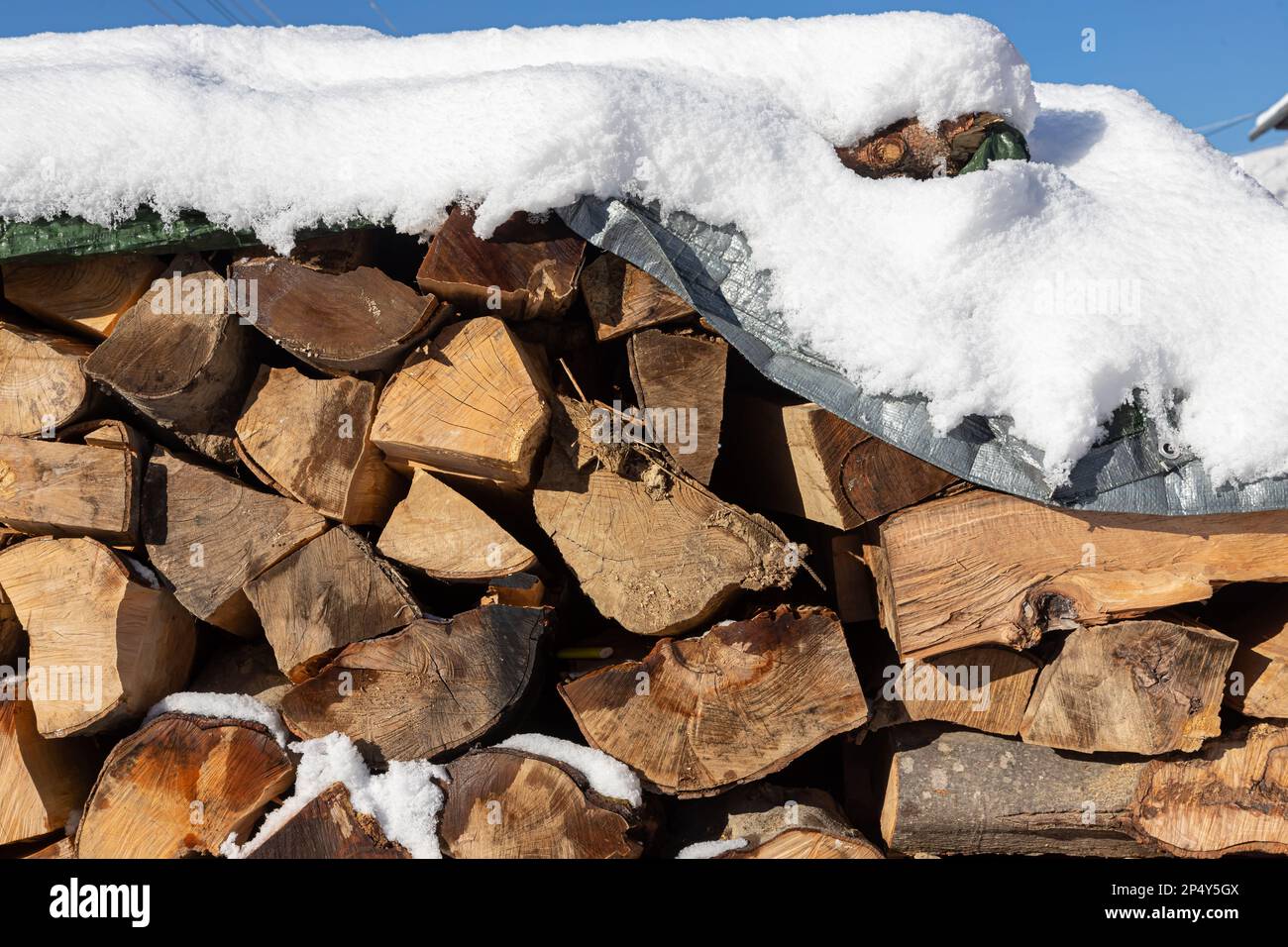 Schneebedecktes Brennholz. Holzstapel geschnitten. Schnee auf dem Holzstapel. Holzlager unter Schnee. Stockfoto