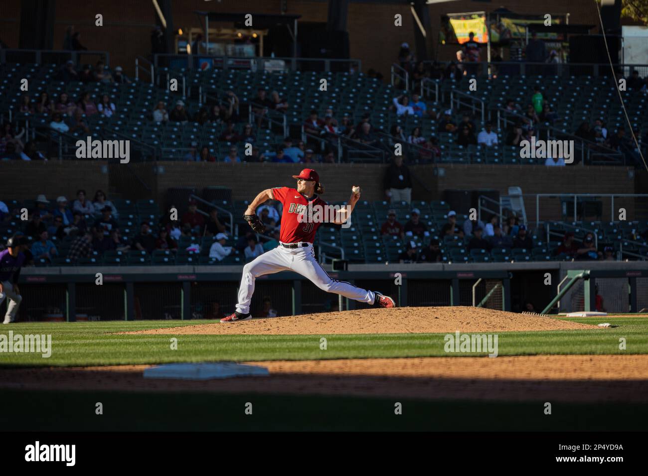 Dbacks LHP während eines Baseballspiels im Baseballspiel der MLB im Salt River Fields at Talking Stick, Samstag, 25. Februar 2023, in Scottsdale, Ariz. (Annalee Ramirez/Bild des Sports) Stockfoto