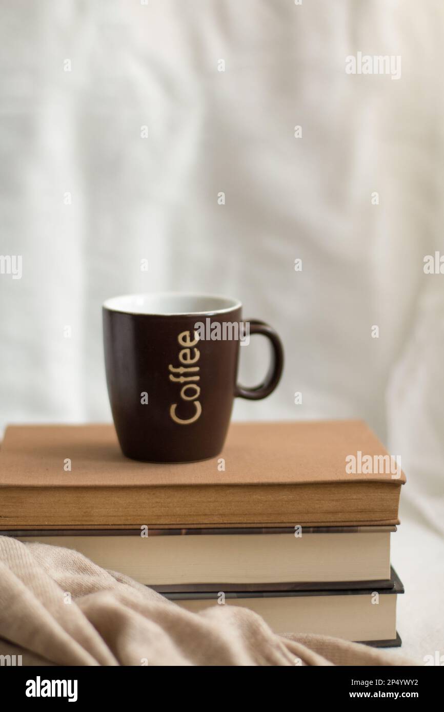 Eine Kaffeetasse auf ein paar Büchern in einem gemütlichen Raum. Konzept der Innenentspannung und des Hobbys. Stockfoto