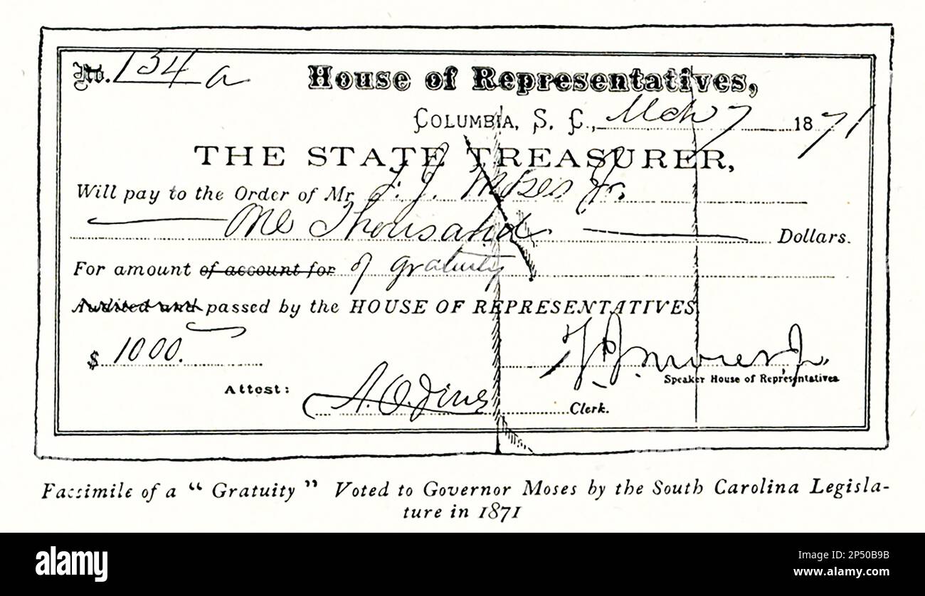Die Überschrift von 1896 lautet: Fax eines "Trinkgelds", das 1871 von der South Carolina Legislature zum Gouverneur Moses gewählt wurde Stockfoto