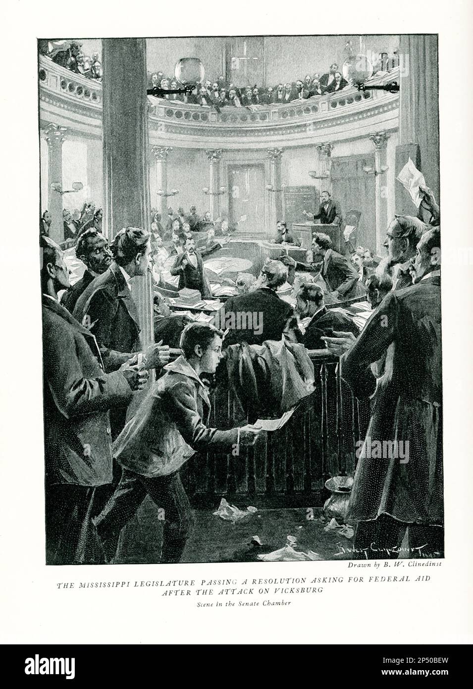 Die Überschrift von 1896v lautet: "Mississippi Legislature verabschiedet Resolution, in der nach dem Angriff auf Vicksburg Szene in der Senatskammer um Bundeshilfe gebeten wird" – 1870er. Stockfoto