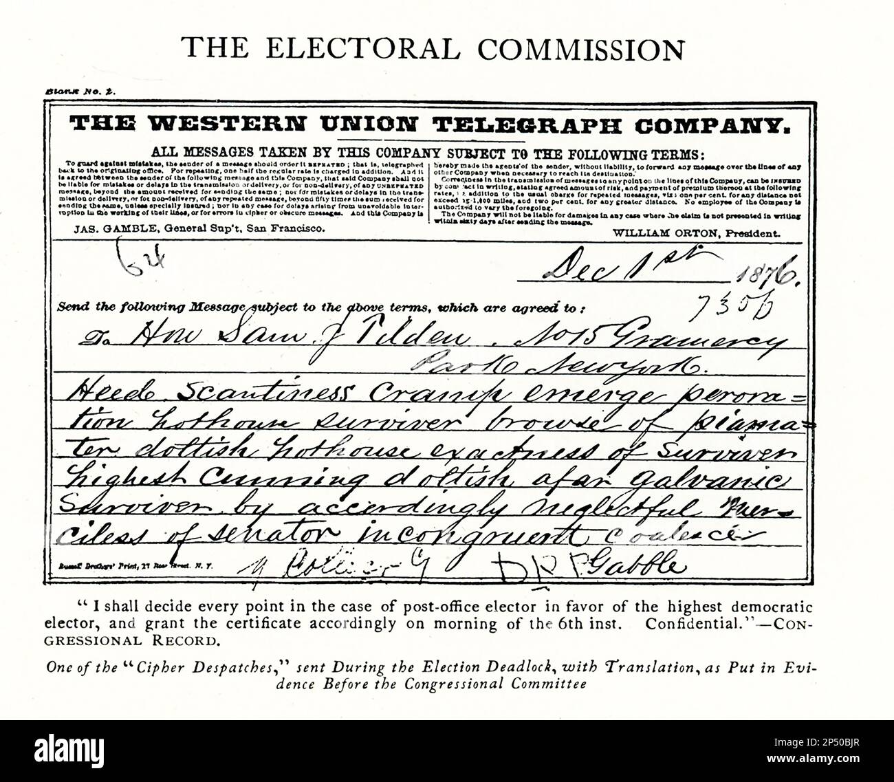 Die Überschrift von 1896 lautet: ""Ich werde jeden Punkt im Fall von Postwahlberechtigten zugunsten des höchsten demokratischen Wählers entscheiden und die Urkunde entsprechend am Morgen der 6. Inst. Vertraulich.“ Kongressprotokoll. Einer der ‚Cipher Dispatches‘, die während der Sackgasse bei den Wahlen mit Übersetzung, wie vor dem Kongresskomitee nachgewiesen, verschickt wurden. Stockfoto