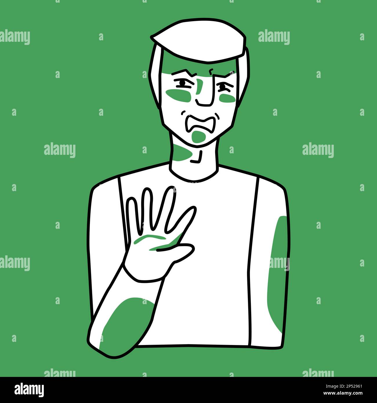 Männlicher Erwachsener mit Emotionen von Ekel, grün und weiß. Ein Mann mit blondem Haar schützt sich mit seiner Hand. Strichzeichnungen, handgezeichnet, im Skizzenstil, halb Stock Vektor