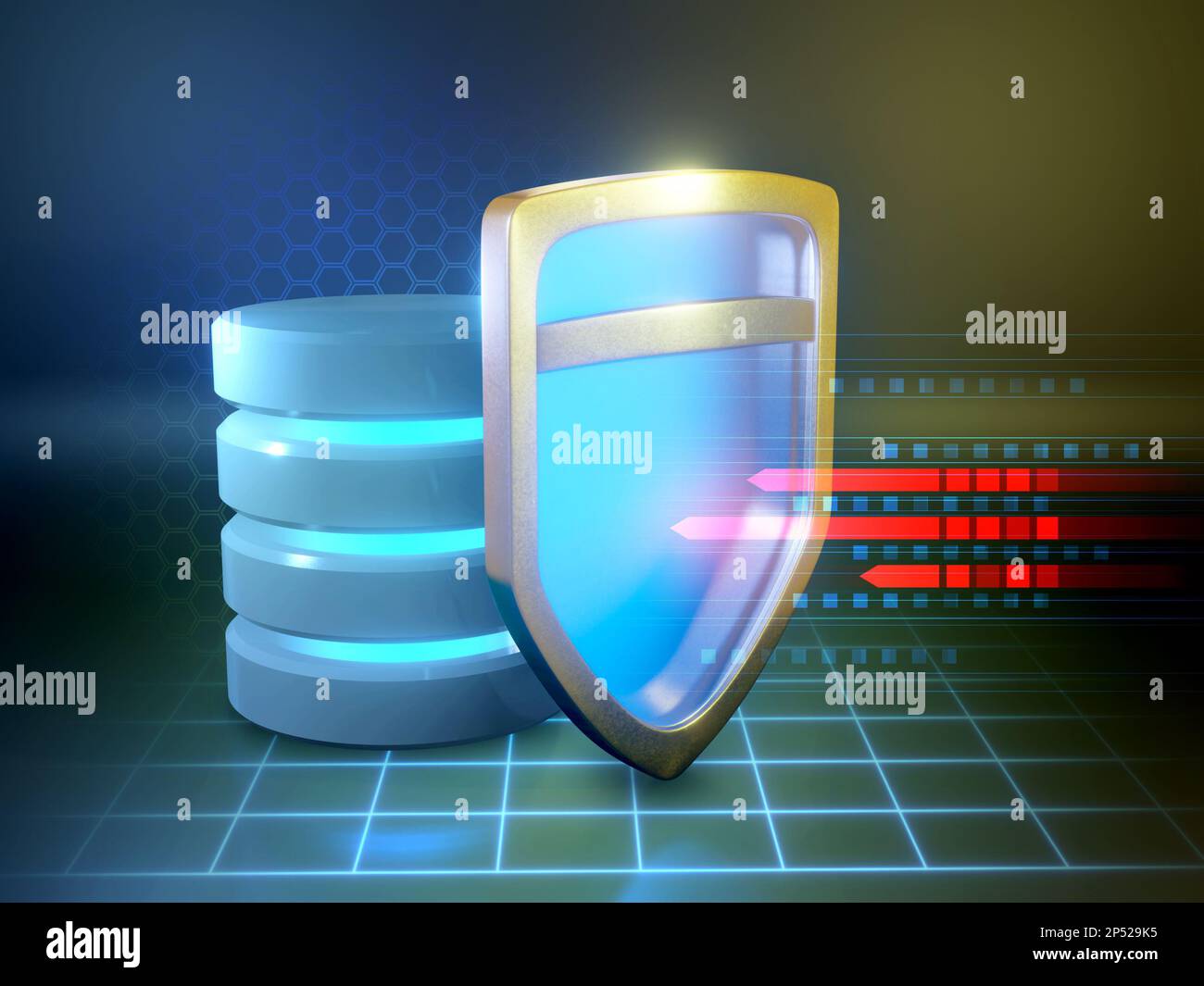 Datenbankschutz vor Angriffen auf böswilligen Code. Digitale Illustration, 3D-Rendering. Stockfoto