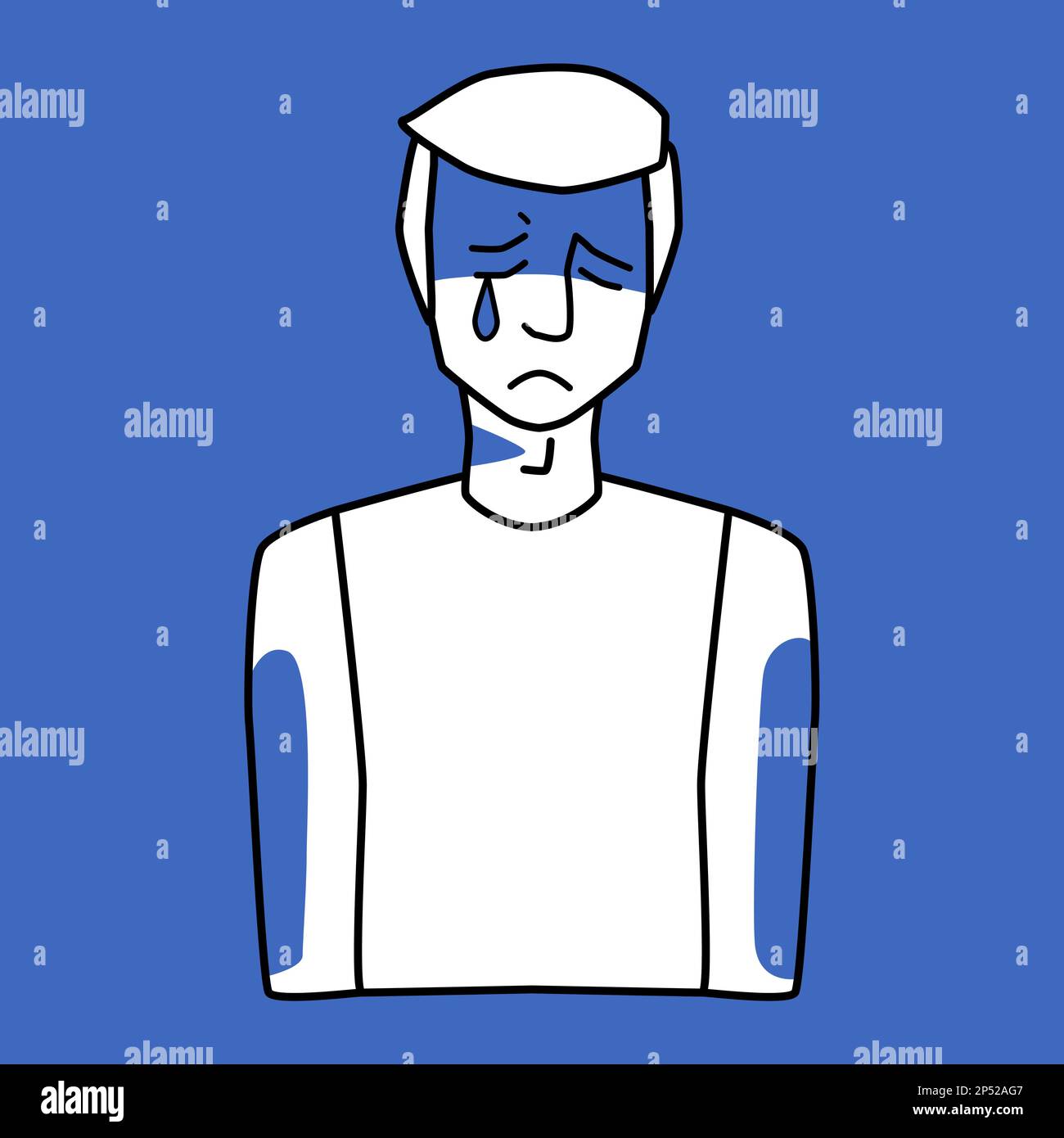 Trauriger weißer Mann, Trauergefühle, blau und weiß. Melancholie eines weinenden männlichen Erwachsenen, Strichkunst, Halbkörper, handgezeichnet im Skizzenstil. Stock Vektor