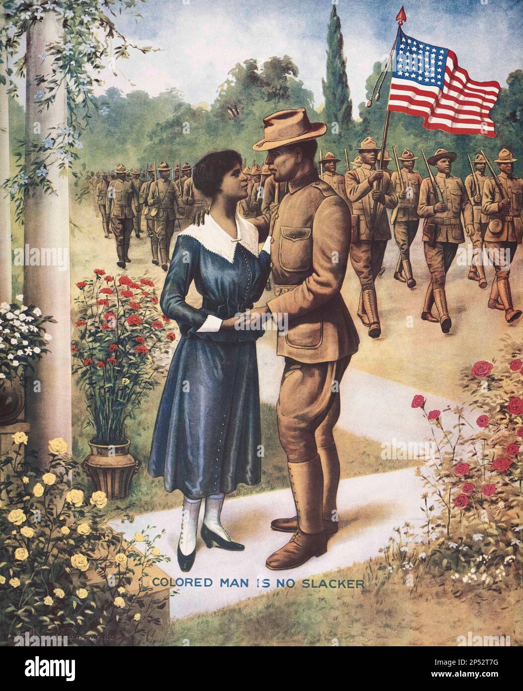 "Farbiger Mann ist kein Slacker". Eines von mehreren Plakaten der US-Regierung, die während des Ersten Weltkriegs produziert wurden, um afroamerikanische Rekrutierung in die Streitkräfte zu fördern. Stockfoto