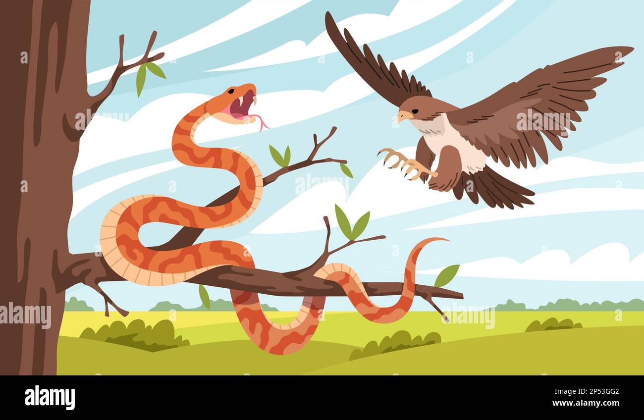 Cartoon-Schlangen-Natur. Der Adler greift Schlangen auf Baumäste an, natürlichen Lebensraum, geeignete Lebensbedingungen, giftige Reptilien, isolierte flache Figuren Stock Vektor