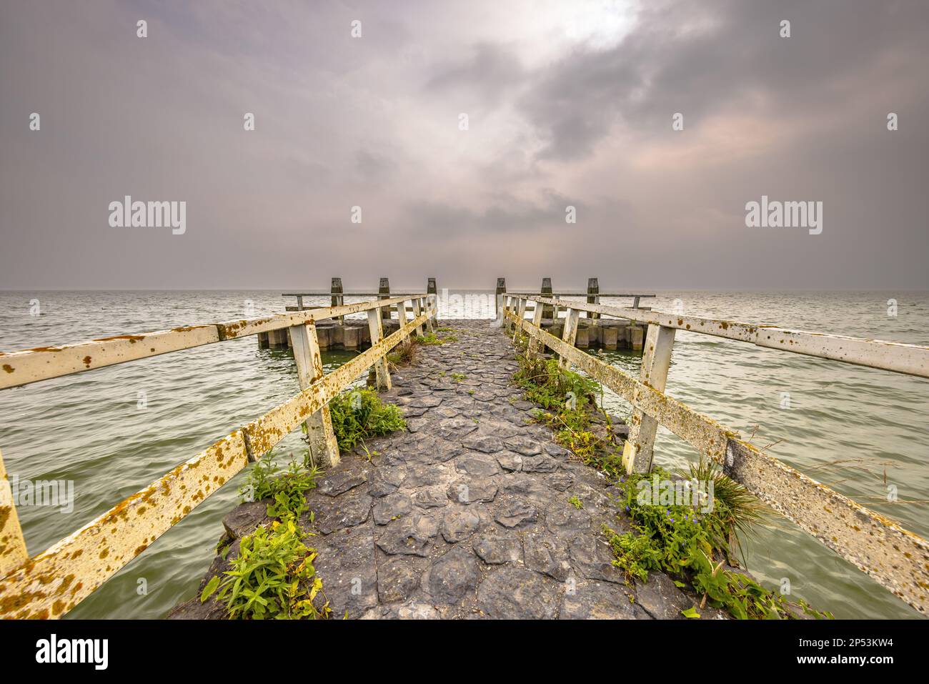 Pier mit Moos und Vegetation bei bewölktem Wetter am See der Küste von IJsselmeer, Niederlande. Landschaftsszene in der Natur Europas. Stockfoto