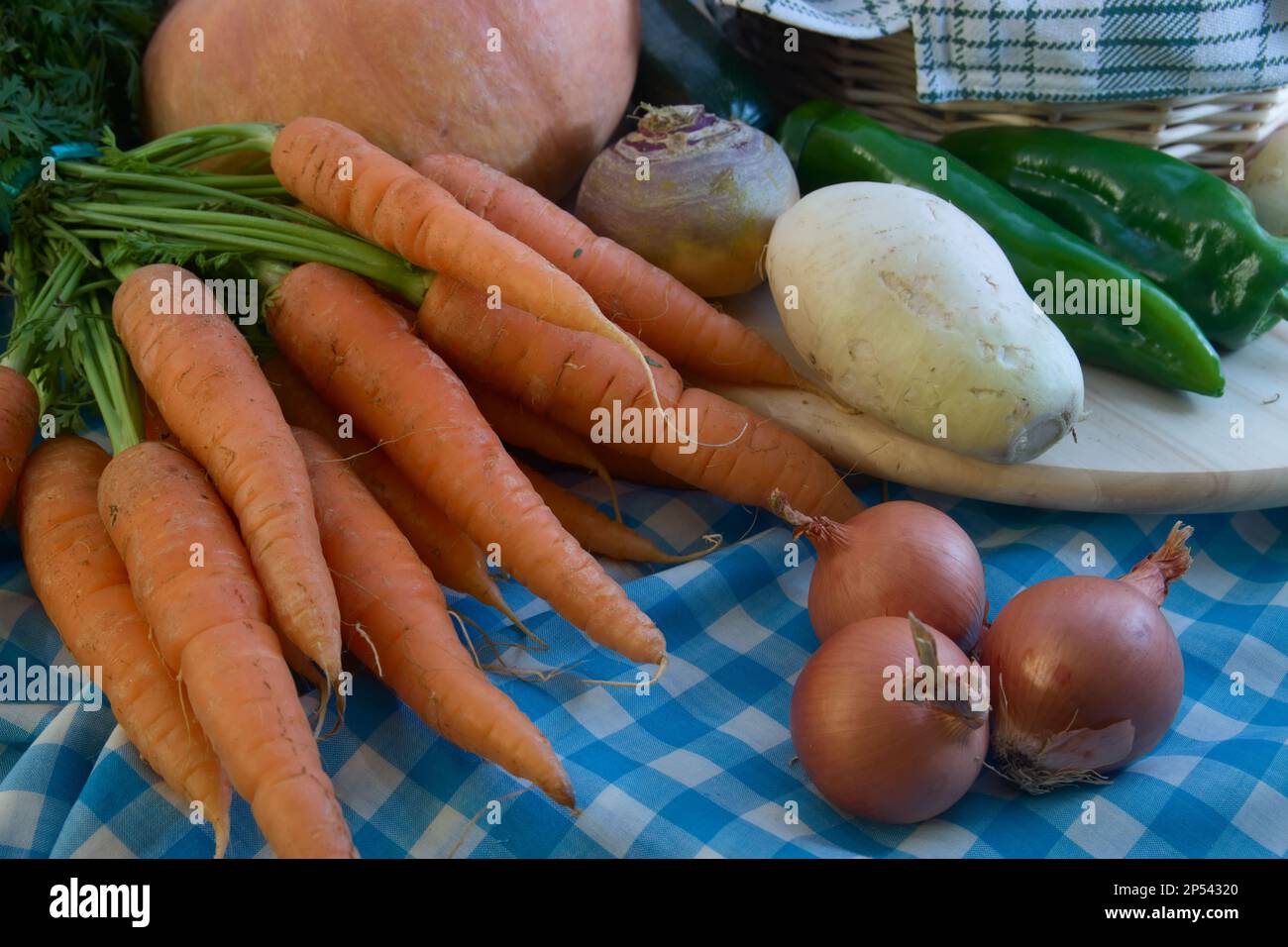 Stillleben im Gemüse in natürlichem Licht mit Karotten, Zwiebeln, Paprika, Rüben und Kürbis auf einem blauen karierten Teppich Stockfoto