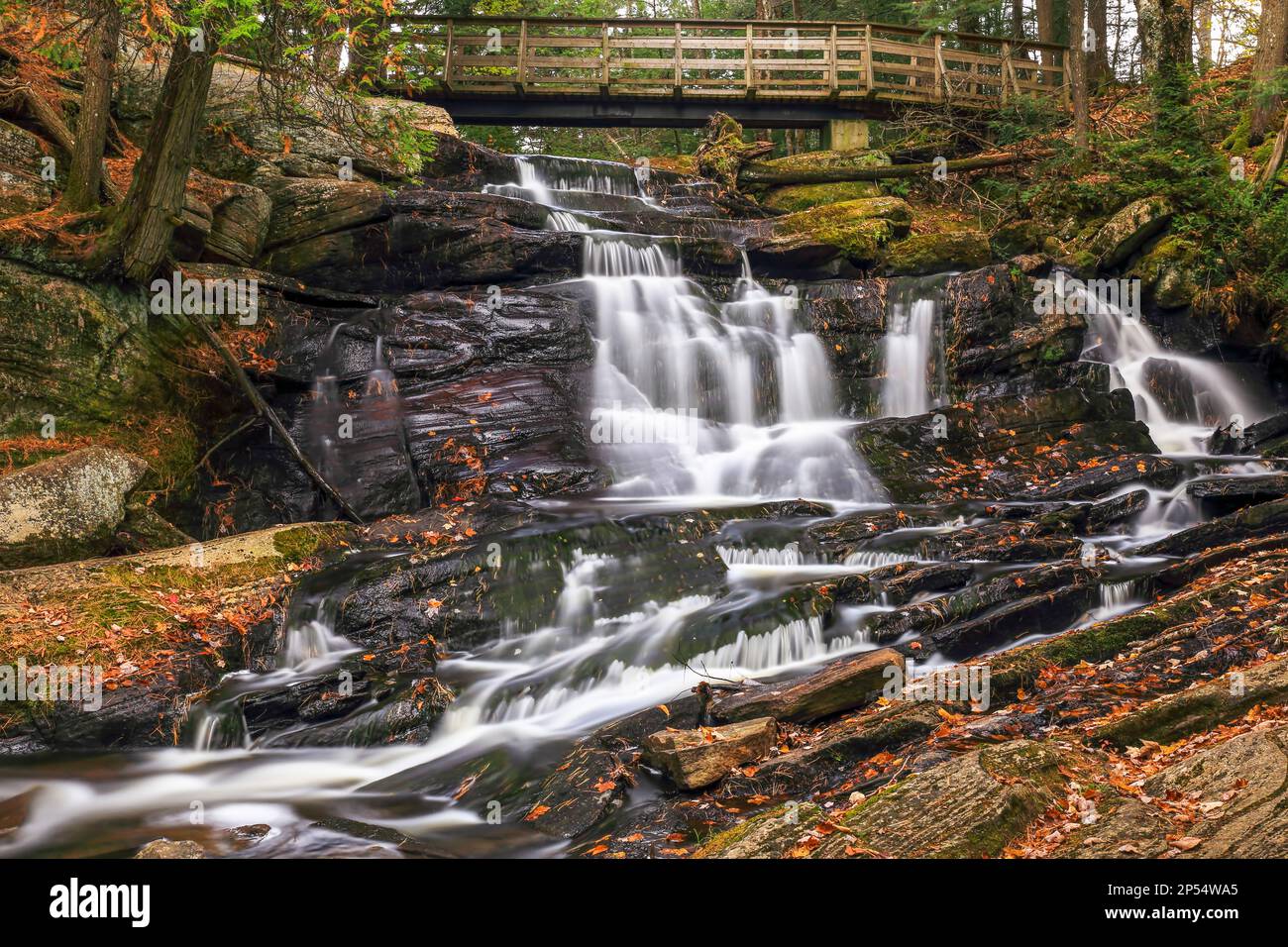 Potts Falls ist einer der malerischsten und malerischsten Wasserfälle in Bracebridge, Nord-Ontario, Kanada. Stockfoto