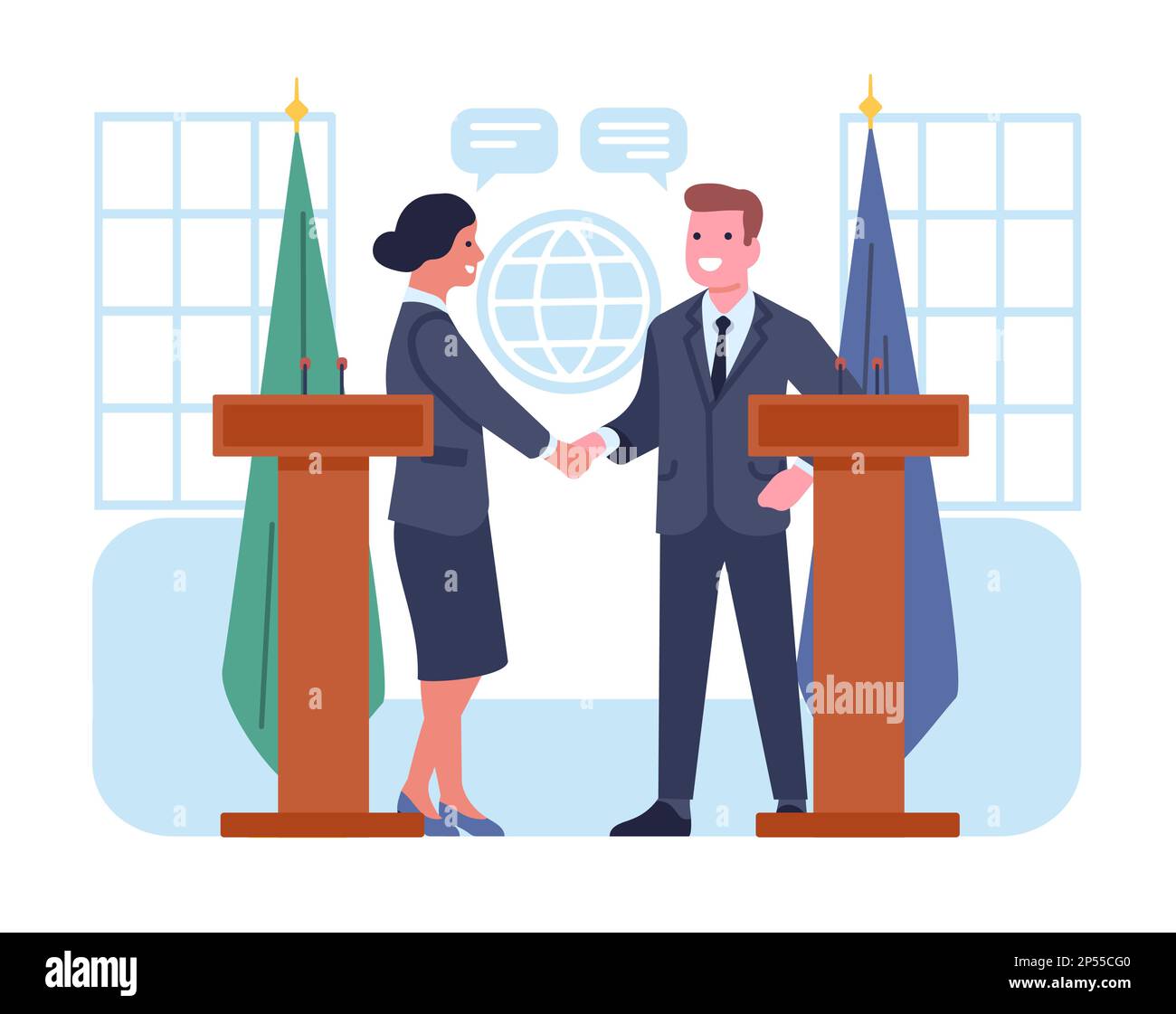 Diplomaten treffen sich zu internationalen Verhandlungen und zur Unterzeichnung von Abkommen. Mann und Frau bei Tribunen, die sich die Hand schütteln. Politisches Abkommen. Weltdiplomatie Stock Vektor