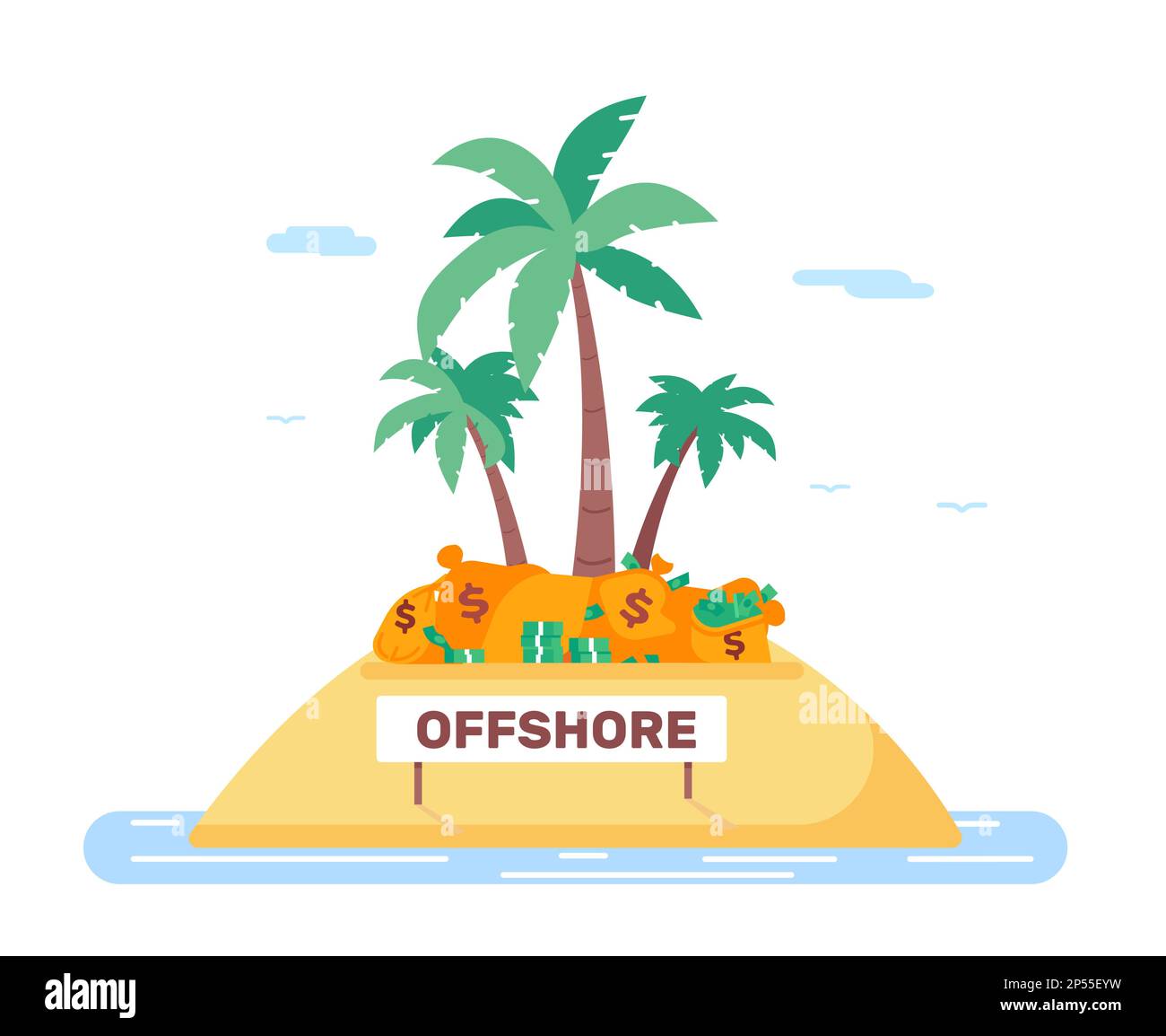 Offshore-Unternehmen. Geld für tropische Insel mit Palmen. Einlagenkonto bei ausländischer Bank. Finanzbetrug und Korruption. Sandstrand, Meeresküste Stock Vektor