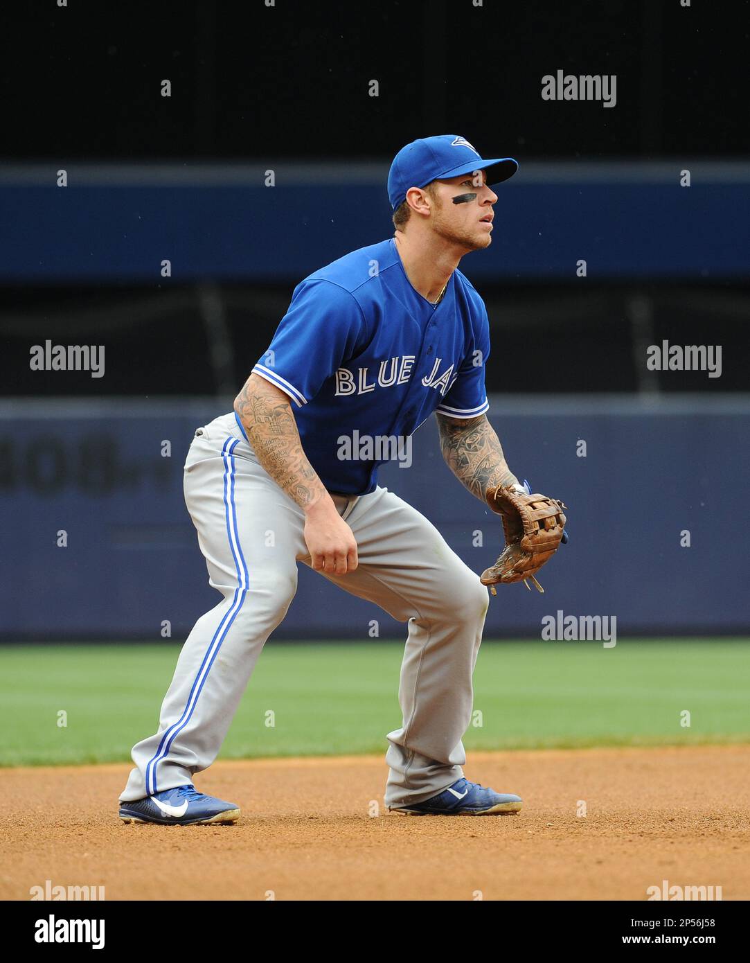 Toronto BlueJays infielder Brett Lawrie (13) during game against the New York Yankees at Yankee Stadium in Bronx, New York; May 18, 2013. Yankees defeated BlueJays 7-2. (AP Photo/Tomasso DeRosa) Stockfoto