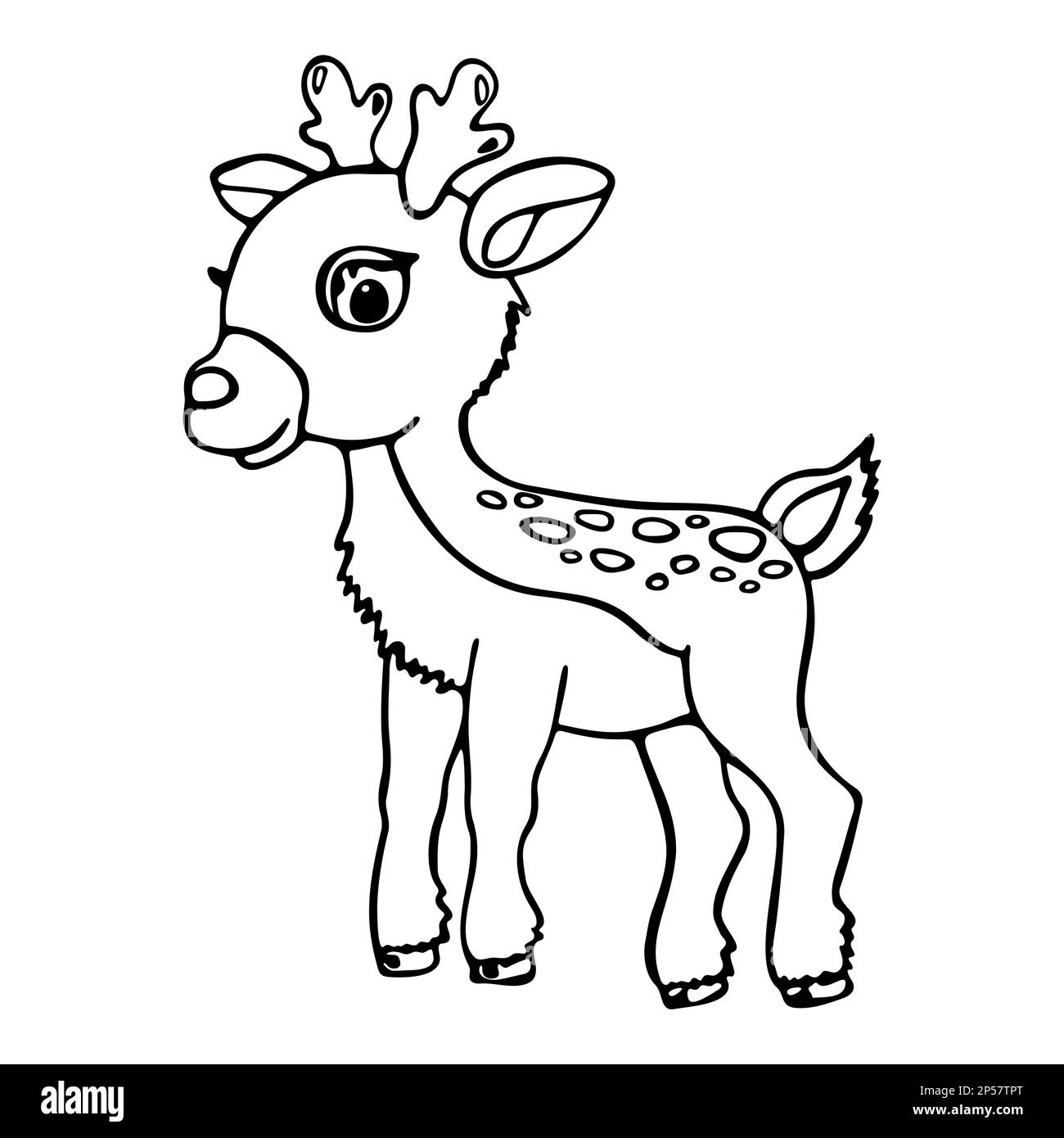 Genießen Sie es, unsere handgezeichnete schwarz-weiße Seite mit einem süßen Hirschbaby zu malen, perfekt für ein Malbuch. Vektordarstellung. Stock Vektor