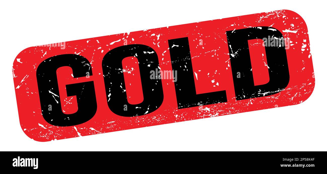 GOLDENER Text auf rot-schwarzem grungy Stempelschild geschrieben. Stockfoto