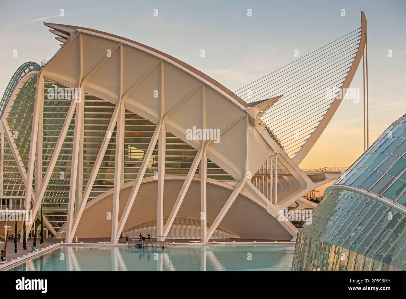 Museu de les Ciencies Principe Felipe mit El Pont de l'Assut de l'Or und l'Hemisferic in der Stadt der Künste und Wissenschaften. Valencia, Spanien. Stockfoto